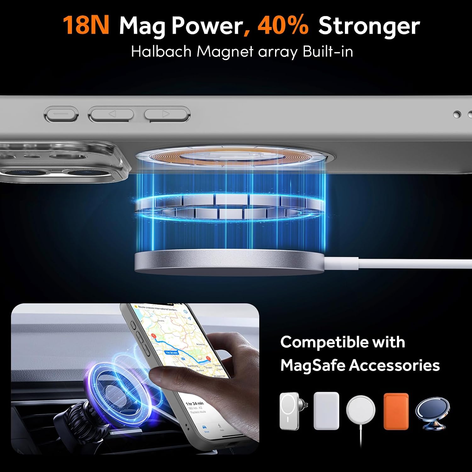 IYH 360° Rotatable Magnetic Case for iPhone 17 Pro Max, Military-Grade Shockproof Phone Cover with Matte Translucent Back(Gray)