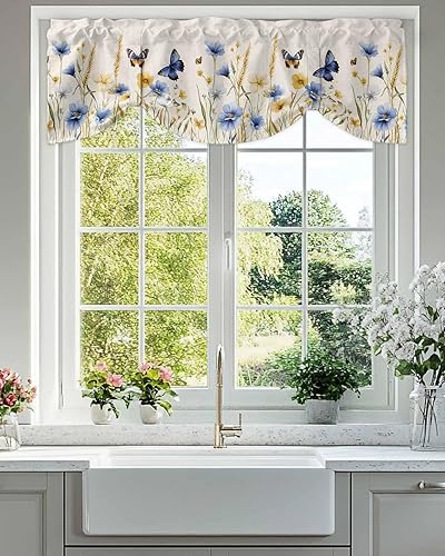Miniatura 9 de Cortina de cenefa con lazo de hojas de mariposa para cocina, sala de estar, dormitorio, baño, cafetería, bolsillo para barra, panel de cortina corto