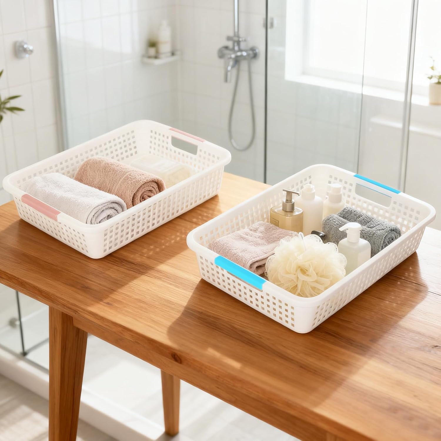 Carperipher 6 Pcs Colorful Plastic Classroom Storage Baskets 15" X 10" X 3",Desktop File Organizer Baskets,Paper Trays with Handle for Classroom, Drawers, Office, Home