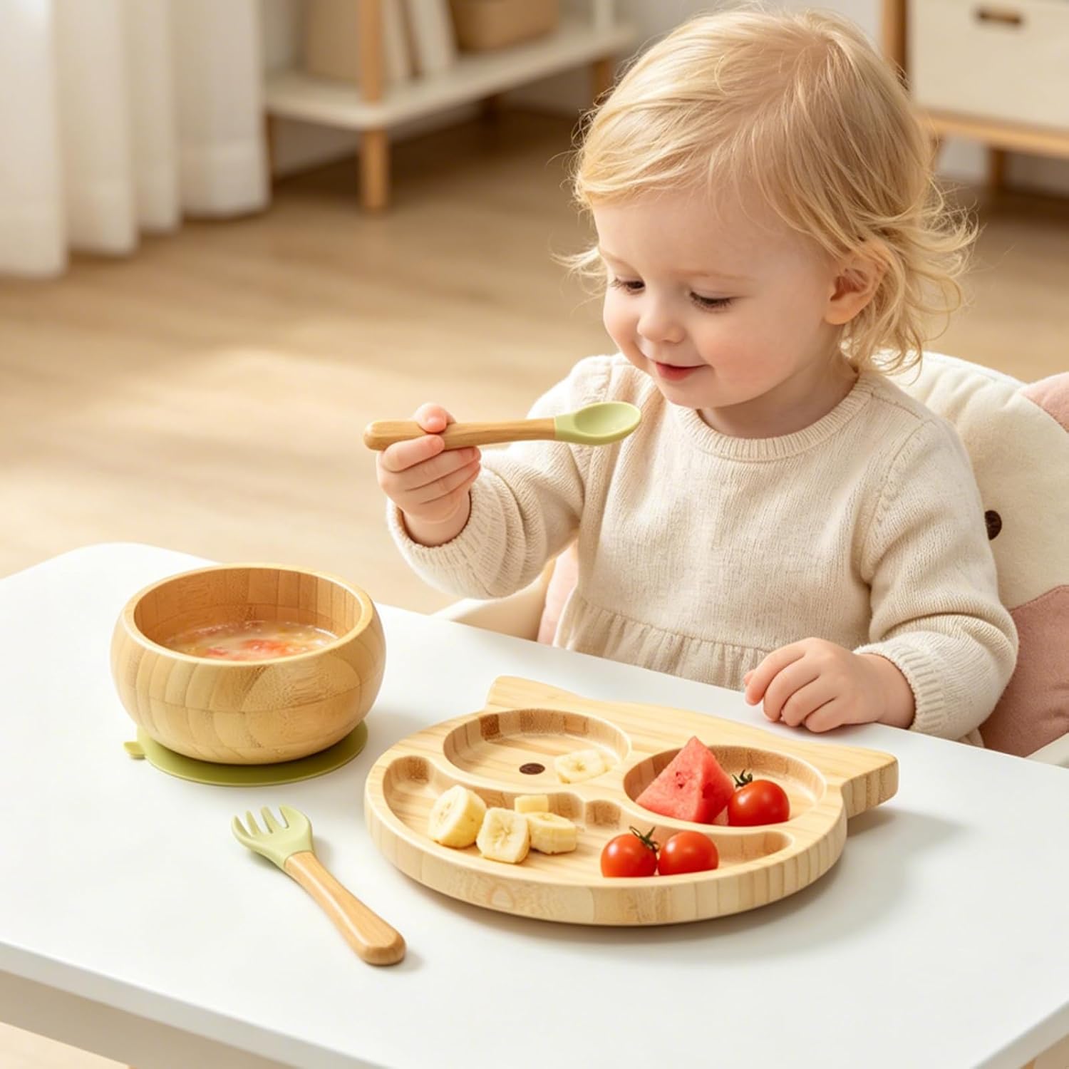 Bamboo Suction Plates Bowls Setfor Baby Toddler Divided Platter Food bowl with Silicone Fork & Spoon All-Natural Baby Feeding Set, Kids Feeding Essentials