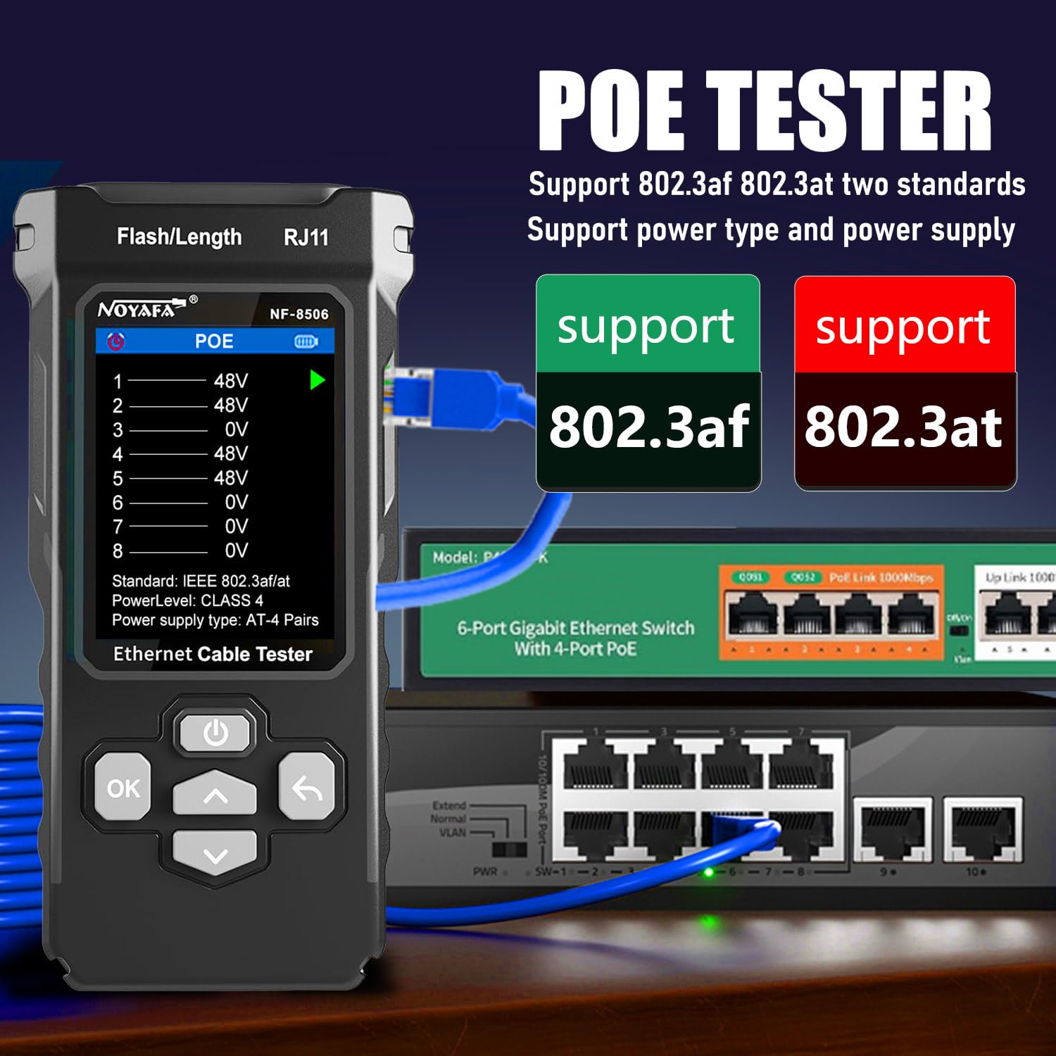 NF-8506 Netzwerkkabel-Tester mit IP-Scanner, Netzwertratentest, TDR/POE/Ping/CAT5 CAT6, Netzwerkkabel-Toner für RJ11, RJ45, LAN, Ethernet-Kabeltester, Telefonkabelfinder, professionelles
