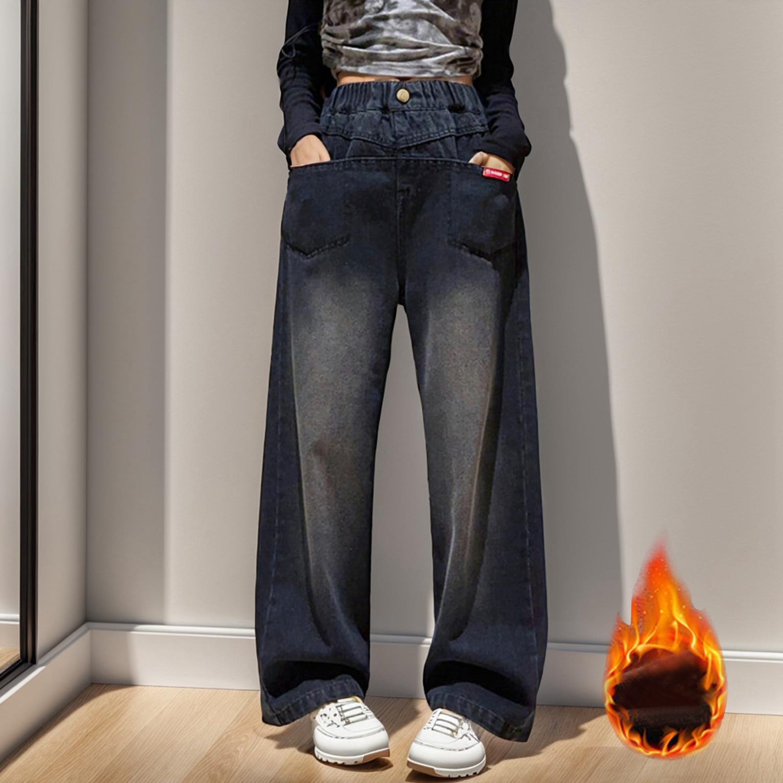Genérico Pantalon Vaquero Niña - Niñas Otoño E Invierno Más Bolsa De Lana Fregona Pantalones De Pierna Ancha Pantalones Vaqueros Grandes para Niños Pantalones Rectos Sentido del Diseño