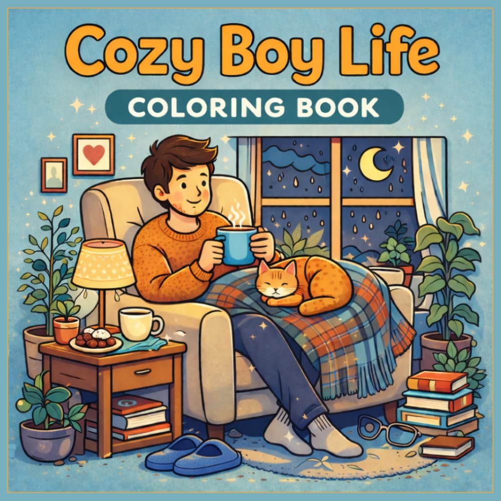 Cozy Boy Life: A Bold and Easy Coloring Book for Adults and Teens; Relaxing and Simple Cozy Scenes for Stress Relief (Lofi Aesthetic)