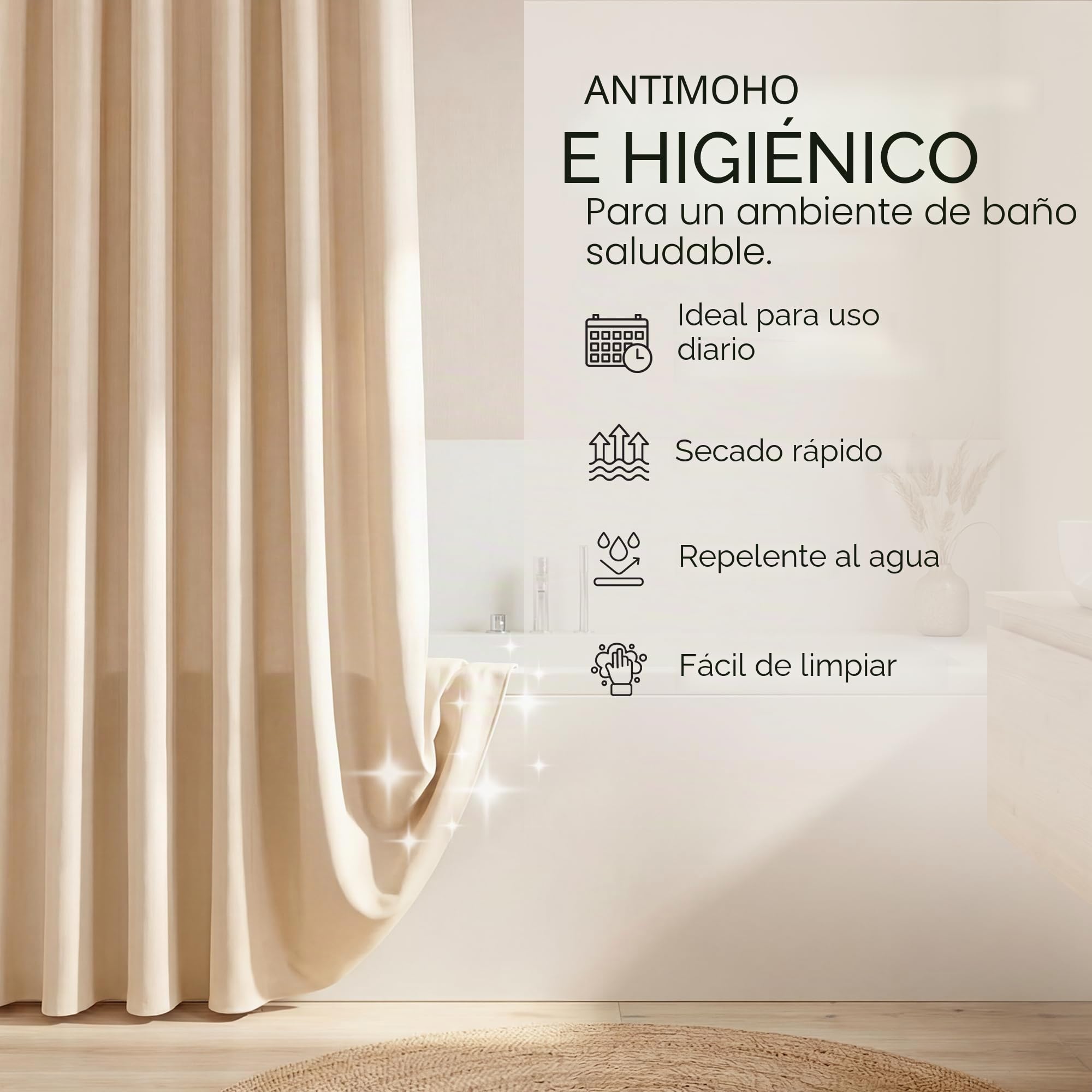 Cortina de ducha de textura de lino de alta calidad, 180 x 180 cm, impermeable y antimoho, lavable, dobladillo con pesos, con ojales, color beige
