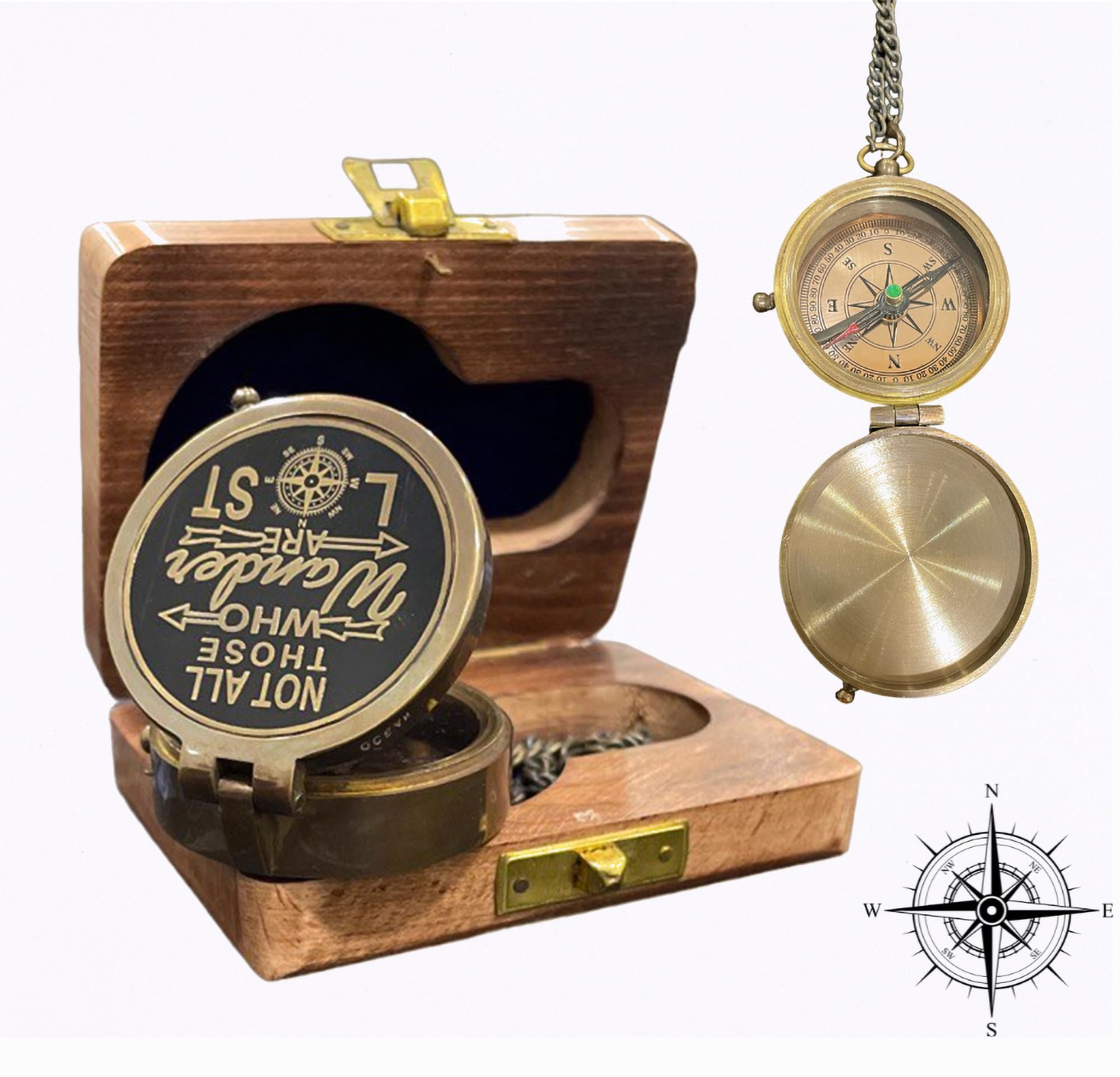 AverexSolid Brass Directional Magnetic Compass Brown Antique Nautical Gifting Compass Vintage Style with New Protective Wooden Case Cover