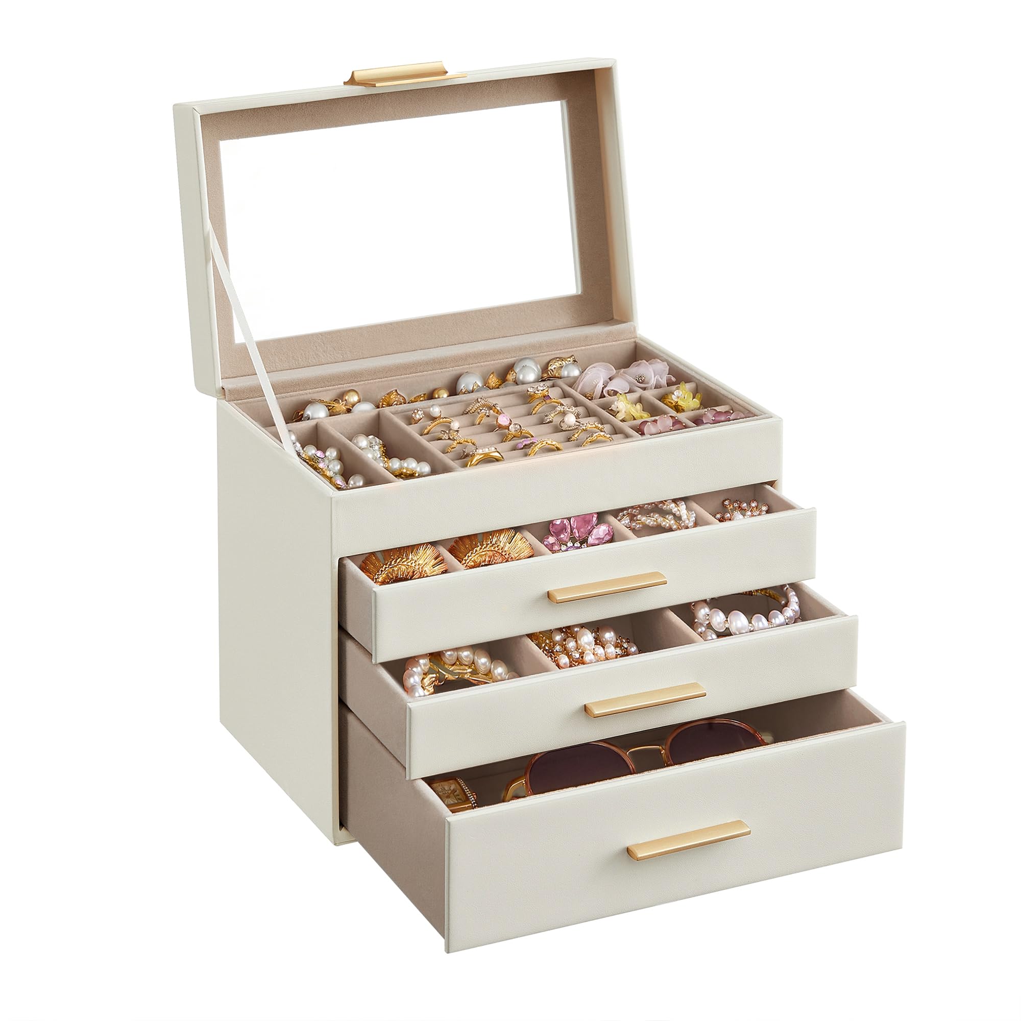 SONGMICS Jewellery Box with Glass Lid, 4-Layer Jewellery Storage Organiser with 3 Drawers, Plenty of Storage, Modern, Gift Idea, 15.3 x 25.1 x 21.5 cm, Cloud White and Gold Colour JBC161W01