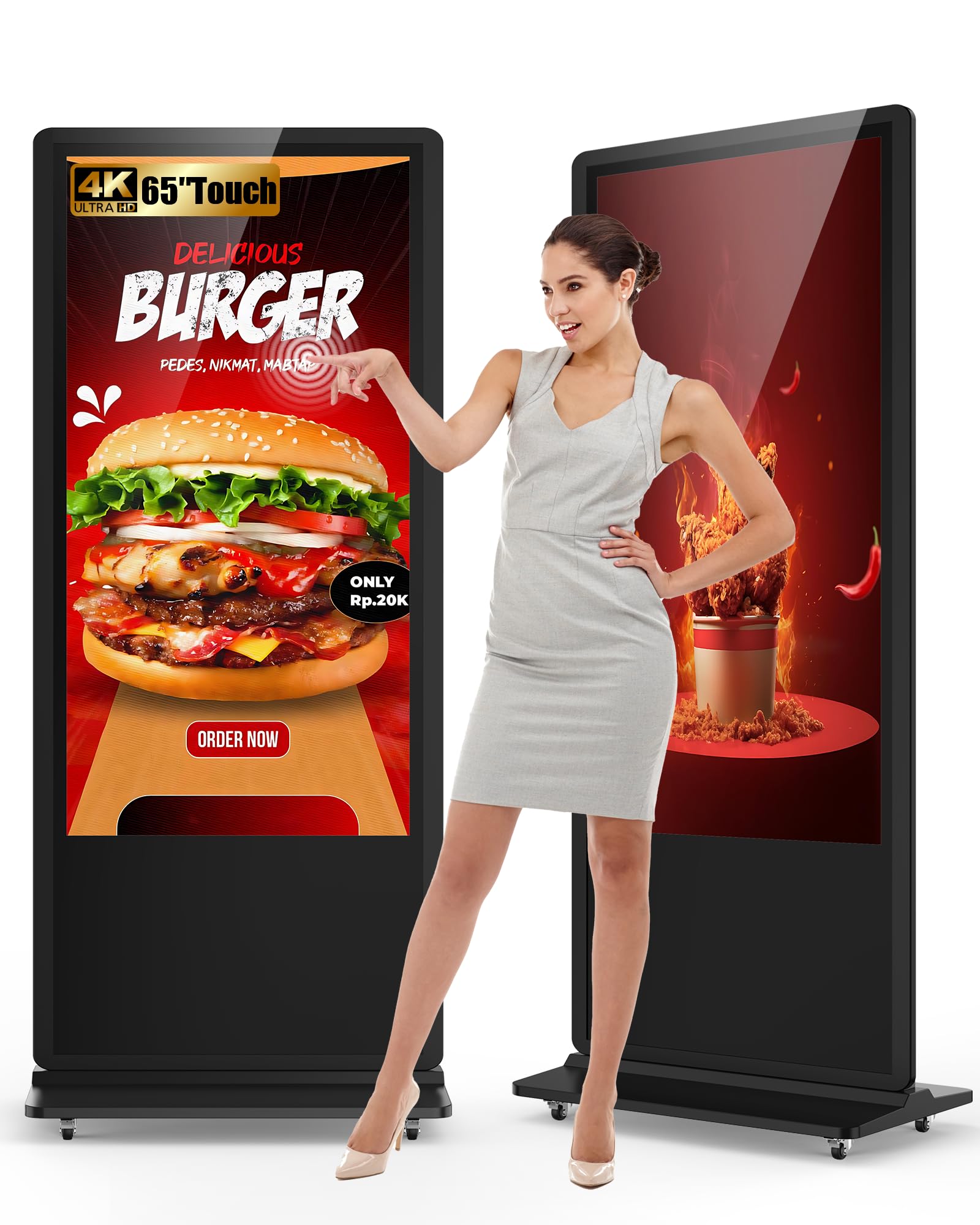 65-inch Indoor Floor Standing Digital Signage Display, 4K 2160P Touchscreen LCD Screen Android OS Kiosk Stand with 2 Speakers, Auto Media Display Advertising Player Supports Remote Control