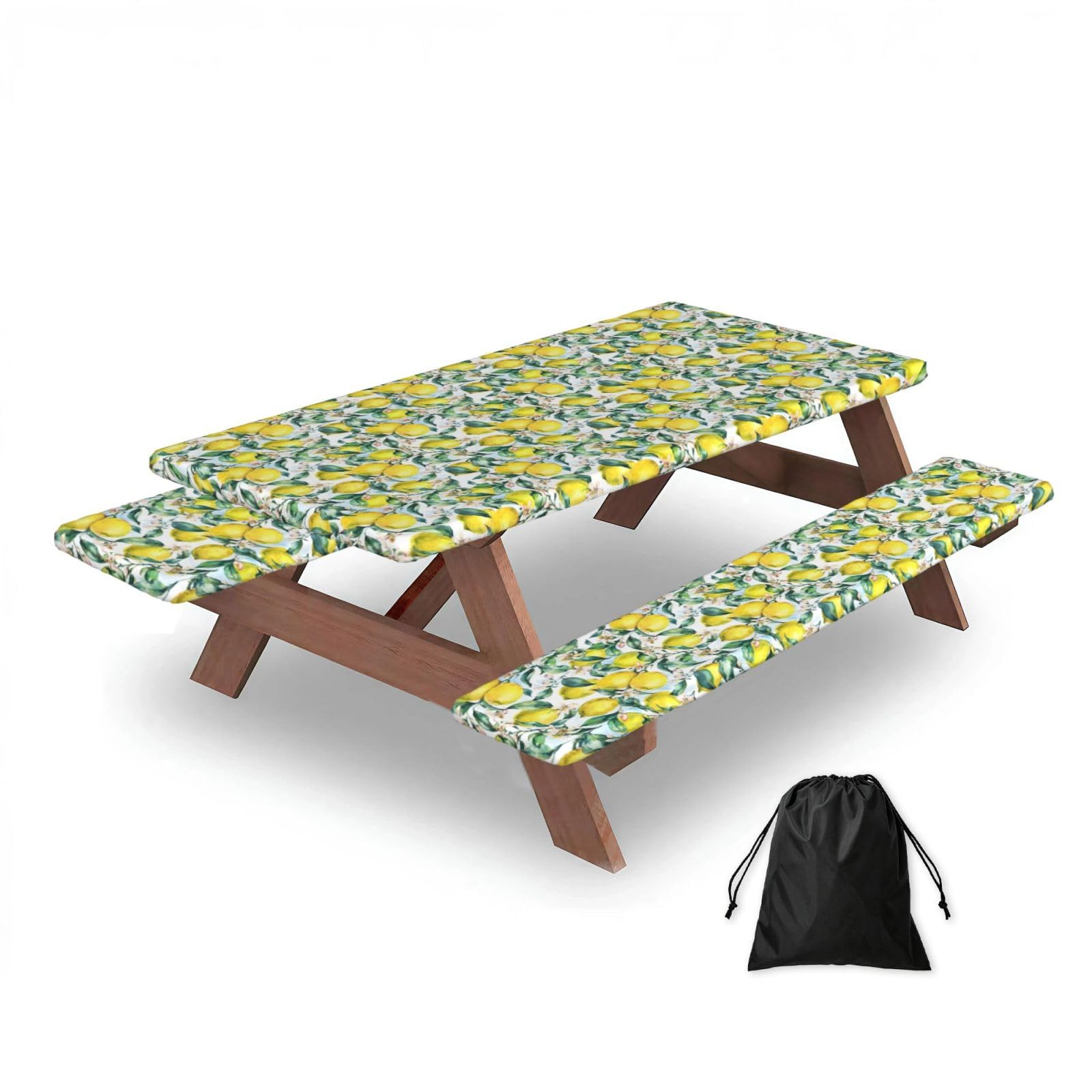 Vintage Yellow Fruit Lemon, Picnic Table Cover With Bench Covers -Waterproof Elastic Fitted Tablecloth for Garden Camping Patio 76x152cm