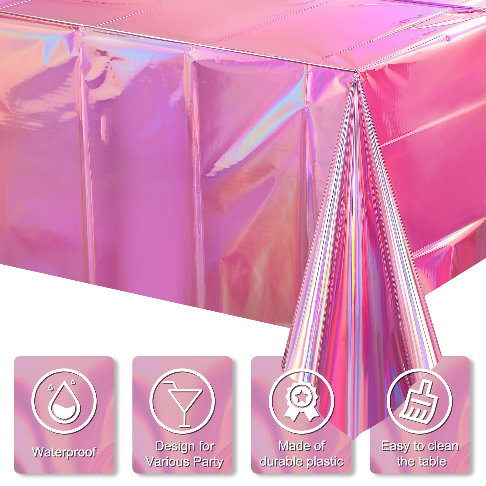 Tovaglie in Plastica Iridescente Olografica, 2 PCS Tovaglia Compleanno Bambina, Lucida per Decorazioni, 137 x 274 cm Tovaglia Rettangolare, per Feste di Compleanno a Tema, Discoteca (Rosa)