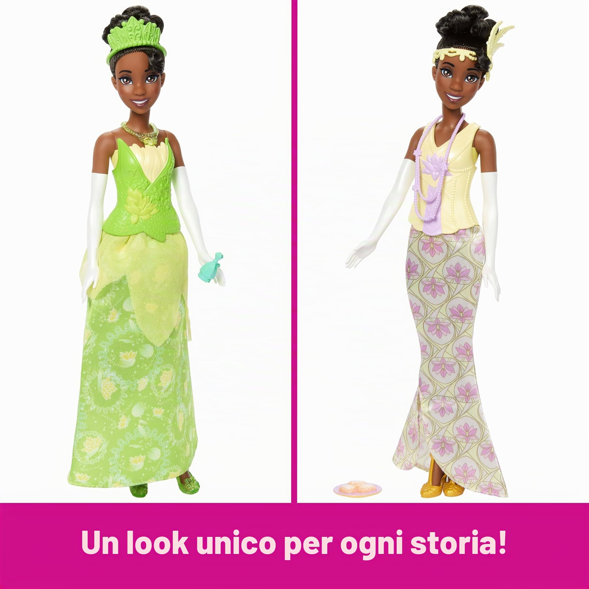 Mattel Disney Princess Toys, bambola Tiana alla moda con 2 look, 9 accessori, 2 corpi a scatto e 2 gonne, storie 2 in 1 ispirate al film Disney