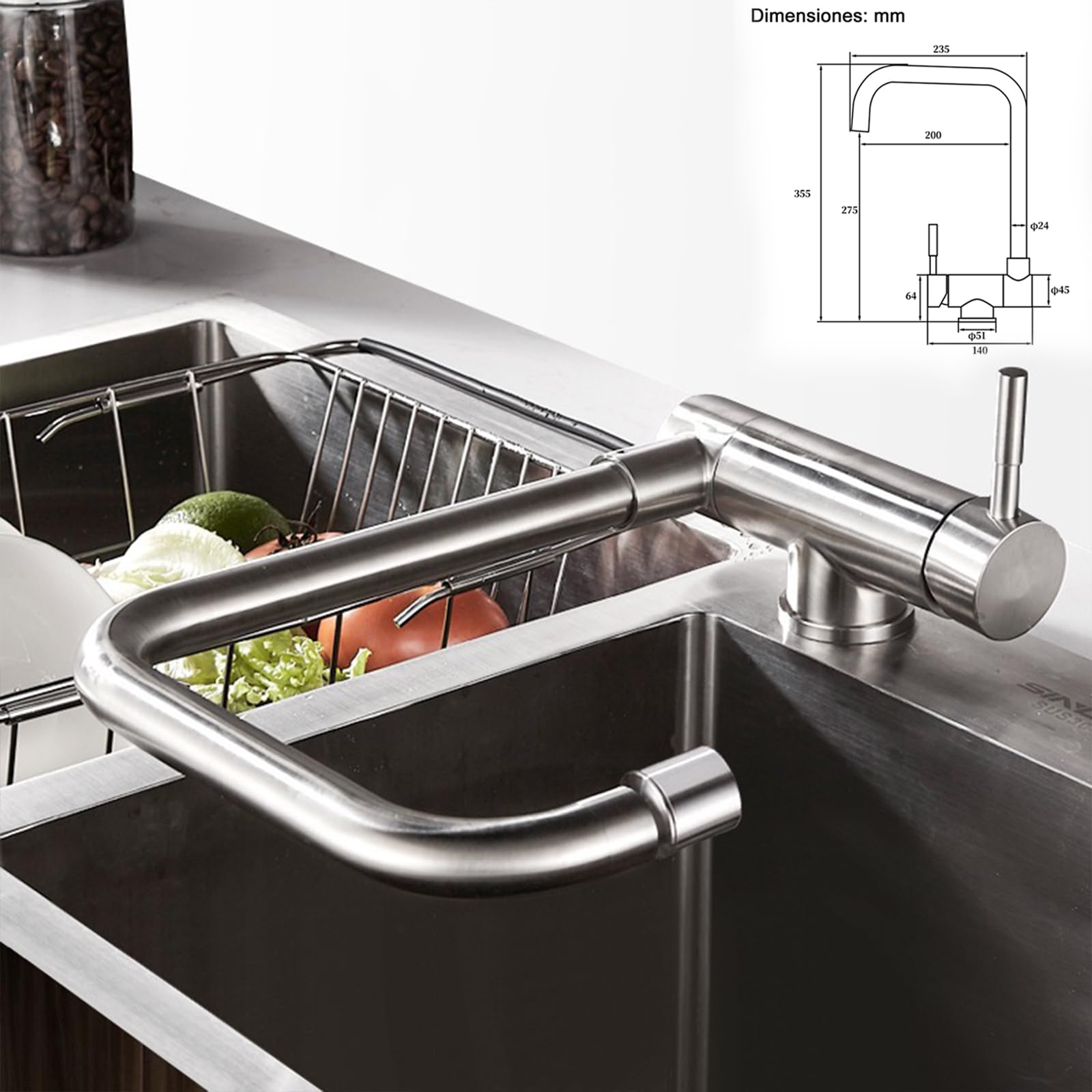 Grifo de Cocina Abatible Bajo Ventana, Triple Rotación (360° Frontal y Lateral + Boquilla Inclinable), Acero Inoxidable 304 Reforzado Anticorrosión (Inox cepillado)