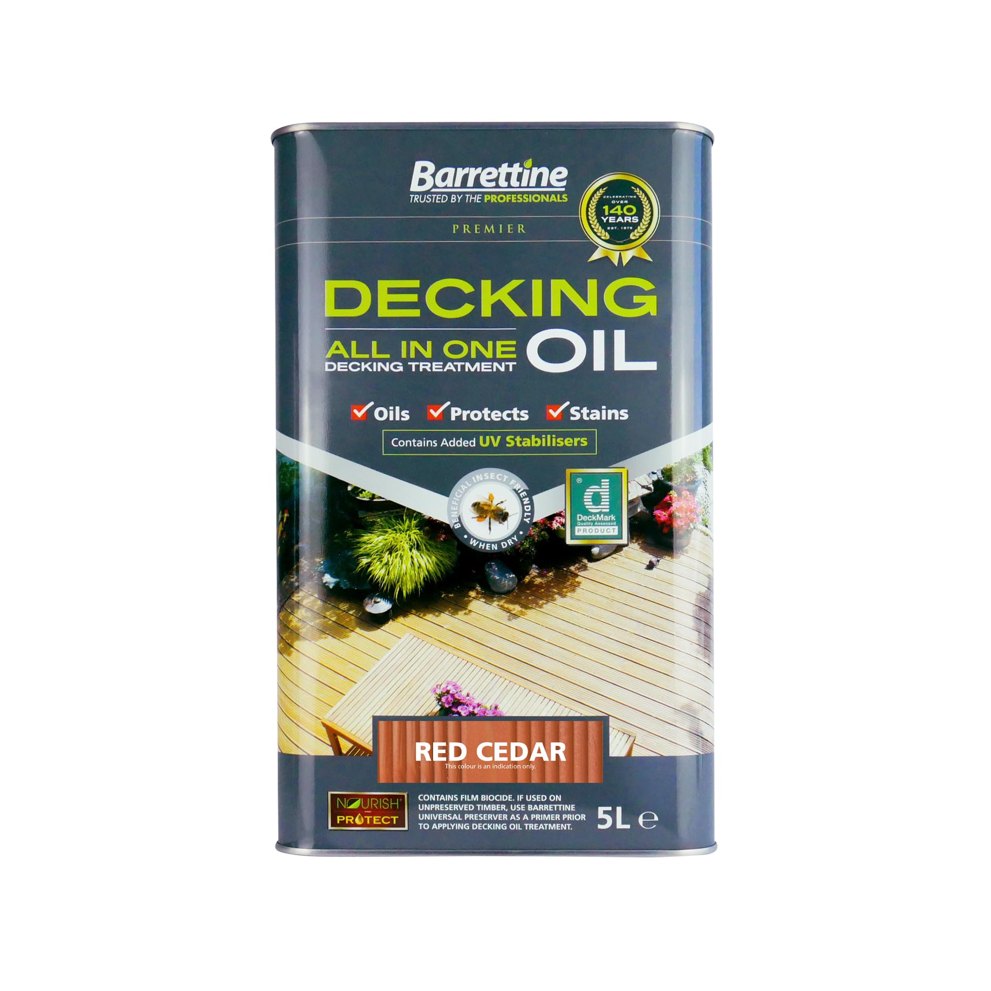 Barrettine Decking Oil (Cedar Red, 5L) - UV & Fade Resistant All-in-One Outdoor Decking Treatment, Water Repellent Deck Oil for Exterior Timber & Structures