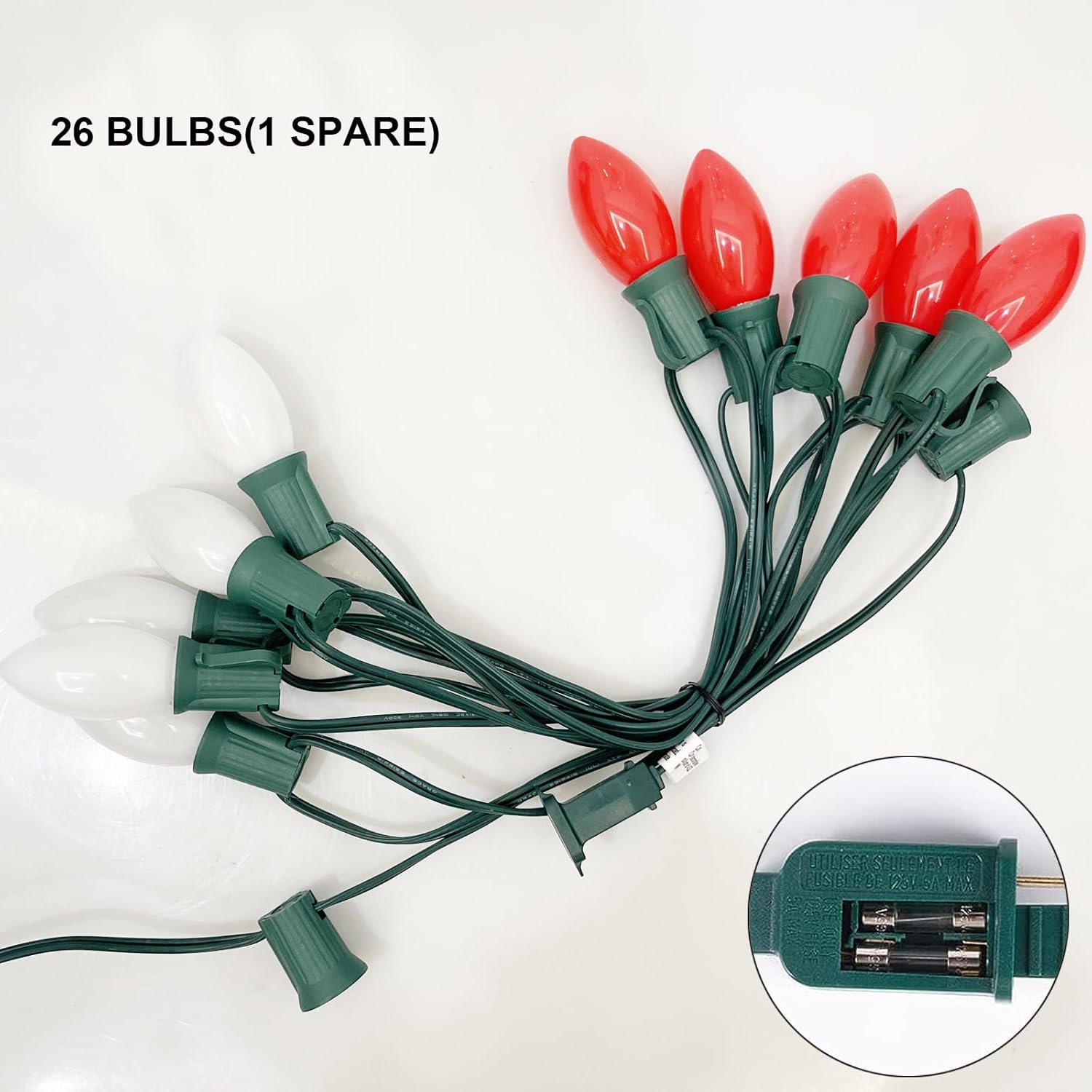 SUNSGNE C9 Christmas Outdoor String Lights 25 Feet Vintage Christmas Tree Lights with 26 7W Red White Glass Bulbs(1 Spare) for Backyard Patio Balcony Xmas Decor, Green Wire