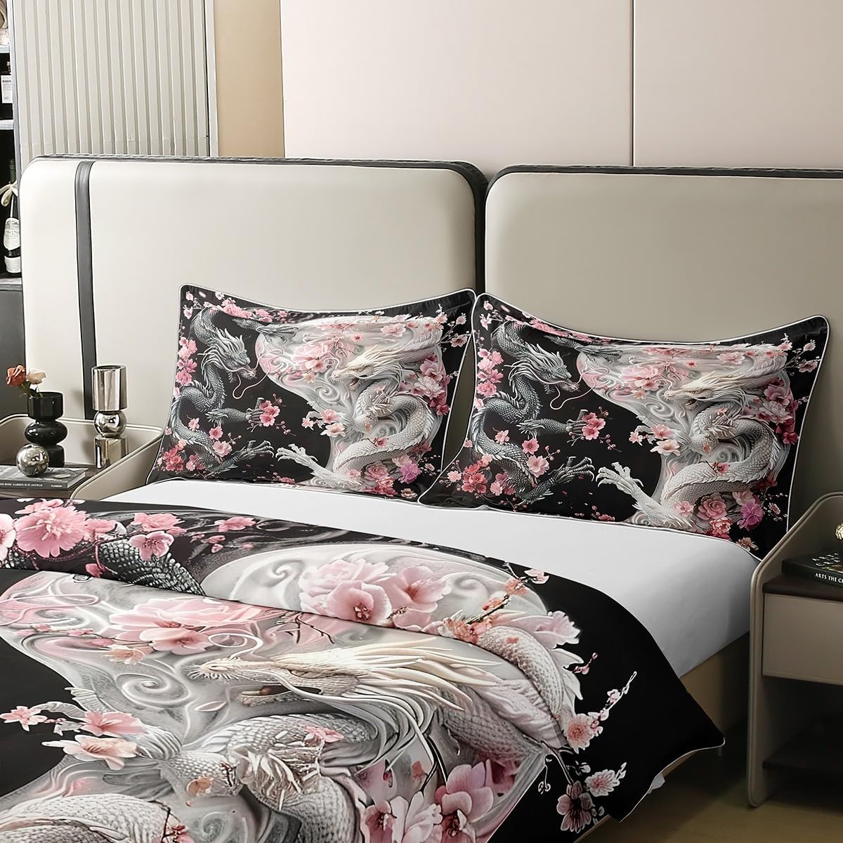 Manfei Queen Size 100% Cotton Chinese Style Dragon Duvet Cover Yin-yang Geometric Retro Bedding Set Pink Flowers Comforter Cover Black White Bedspread Cover Room Decor Bedclothes Zipper,No Comforter