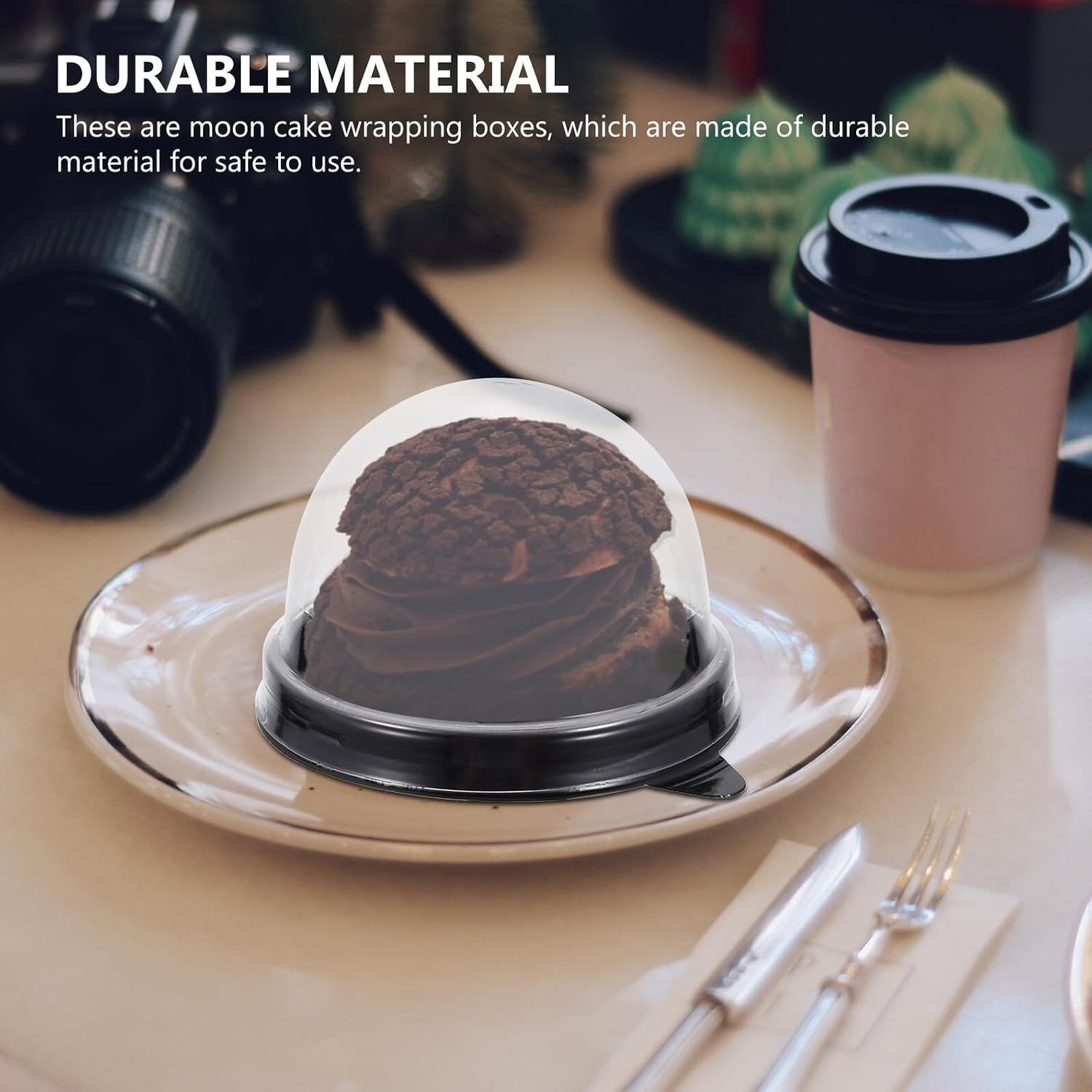 Sosoport 100pcs round Moon Cake Packing Containers with Black Tray, Dome Dessert Boxes for Baking Supplies, Individual Cake and Pastry Packaging, Suitable for Bakery and Home Use