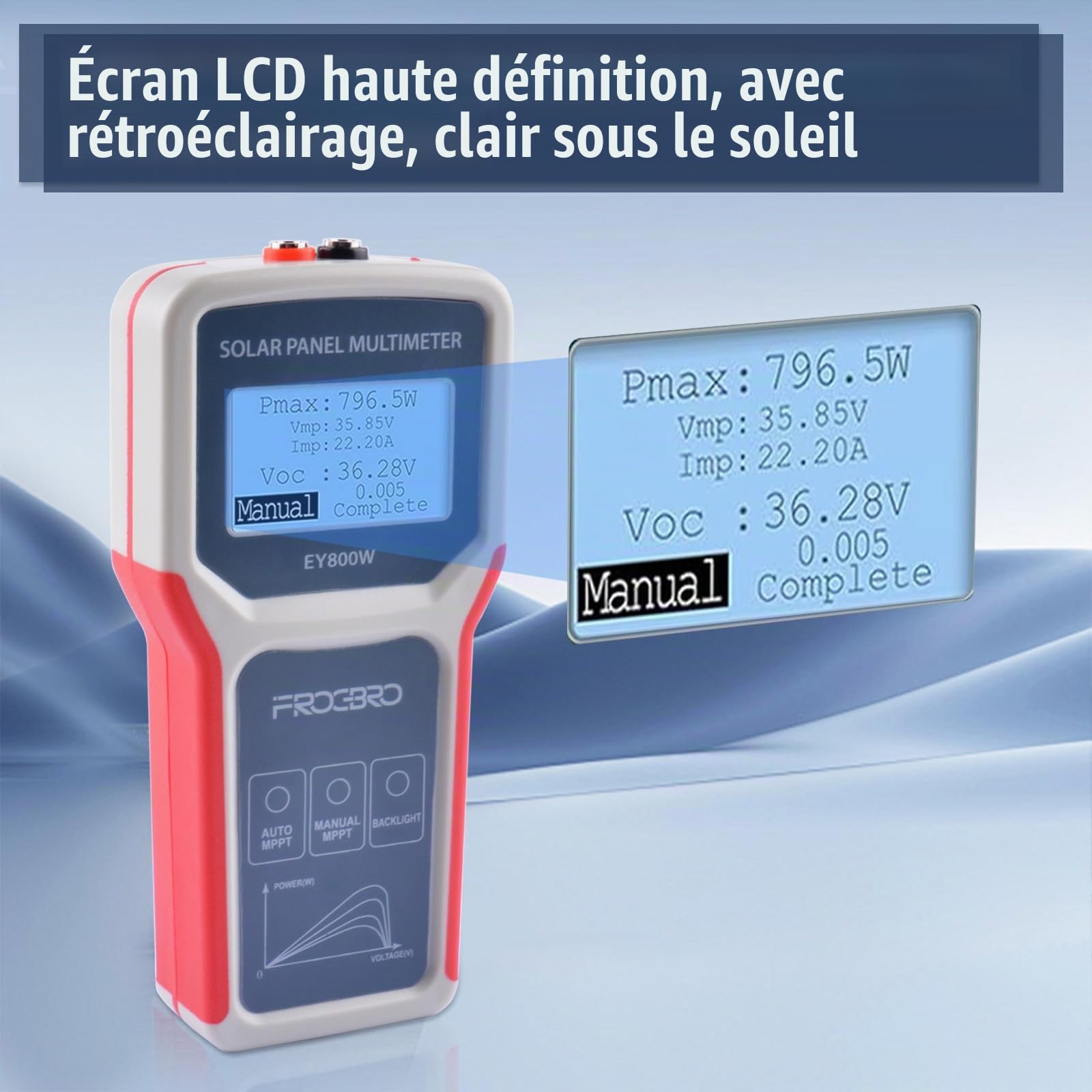 Testeur de Panneaux Solaires FB673PV, Multimètre Photovoltaïque 800W, Testeur MPPT Intelligent avec Écran LCD Clair, Outil de Diagnostic pour Tension en Circuit Ouvert (EY800W)