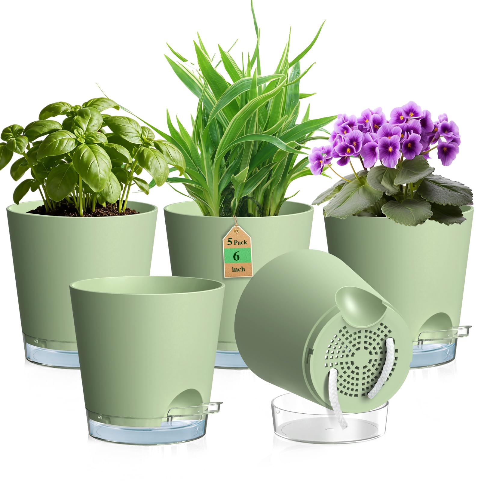 WSMKSZ 15 cm Blumentopf Selbstbewässernd, 5er Set Kunststoff Pflanztöpfe mit Abflusslöchern & Transparentem Untersetzer, Sichtbarer Wasserstand, Blumentöpfe mit Baumwolldocht für Innen Außen, Grün