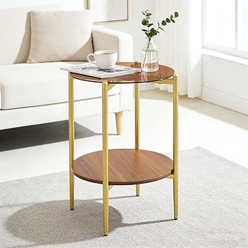 Small Round Coffee Tables for Living Room, Mid Century Side Table with Brown Glass Top, Solid Brown Storage Shelf and Sturable Gold Legs for Small Space, Office, Department
