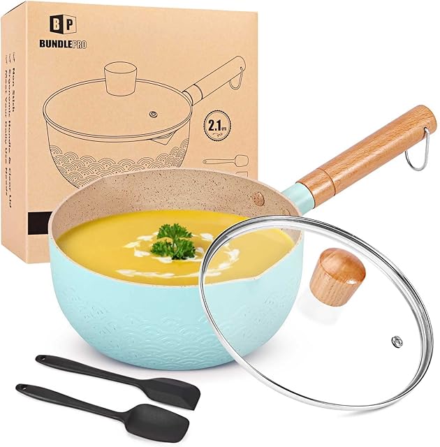 2.1 Quart Saucepan Set with Lid, Nonstick Aluminum Sauce Pot, Induction Compatible Small Cooking Pots with Silicone Spatulas for Milk, Soup, Pasta, Egg, Rice (BLUE)