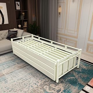 Hamza Tech Metal Diwan Bed with Pull-Out Storage Trolley – Convertible Sofa Bed for Living Room & Bedroom – Single to Quee... Price In India