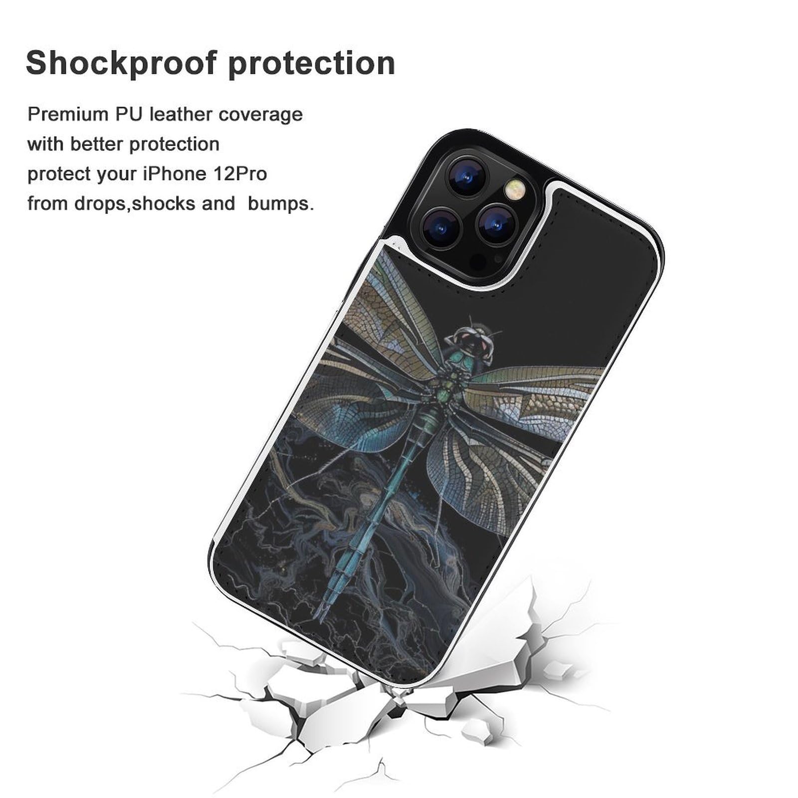 Funda tipo cartera para iPhone 12 Pro, diseño de libélula negra, funda de piel con ranuras para tarjetas