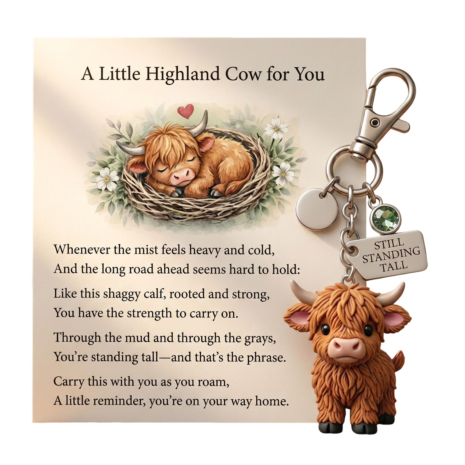 A Little Highland Cow For You Keychain: Your Daily Reminder of Quiet Strength, Cute 3D Resin Tiny Cow Keychainwith Birthstone & Sentiment Card for Women, Friends Family