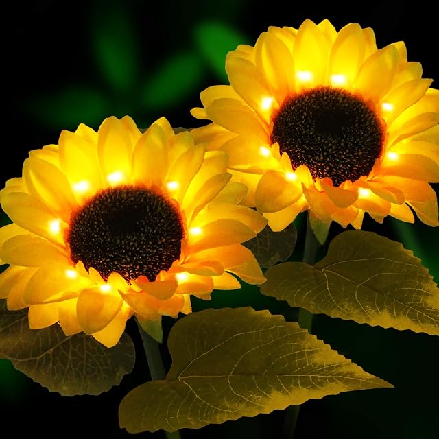 HELESIN Solar Lights Outdoor Garden, 2 Pcs Solar Flower Lights for Garden, Waterproof Solar Flowers, Garden Decorative Lights Solar Powered, Solar Sunflower Lights for Garden Patio Lawn Pathway Fence