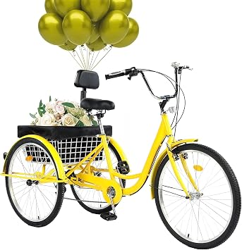 Adult Tricycle 24/26inch 7 Speed, 3 Wheel Mountain Trikes, Three Wheeled Bikes with Basket & Backrest Seat for Seniors, Women, Men, Multiple Colors