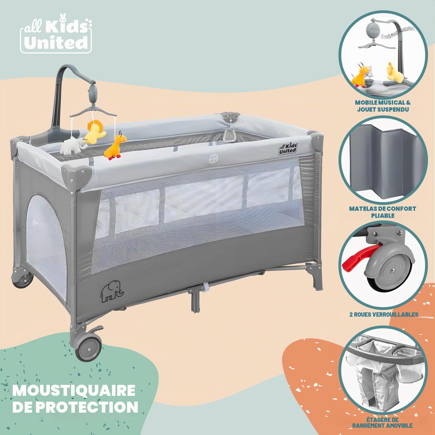 Lit de Voyage pour Bébé Deluxe all Kids United avec Matelas à Langer et Mobile Gris