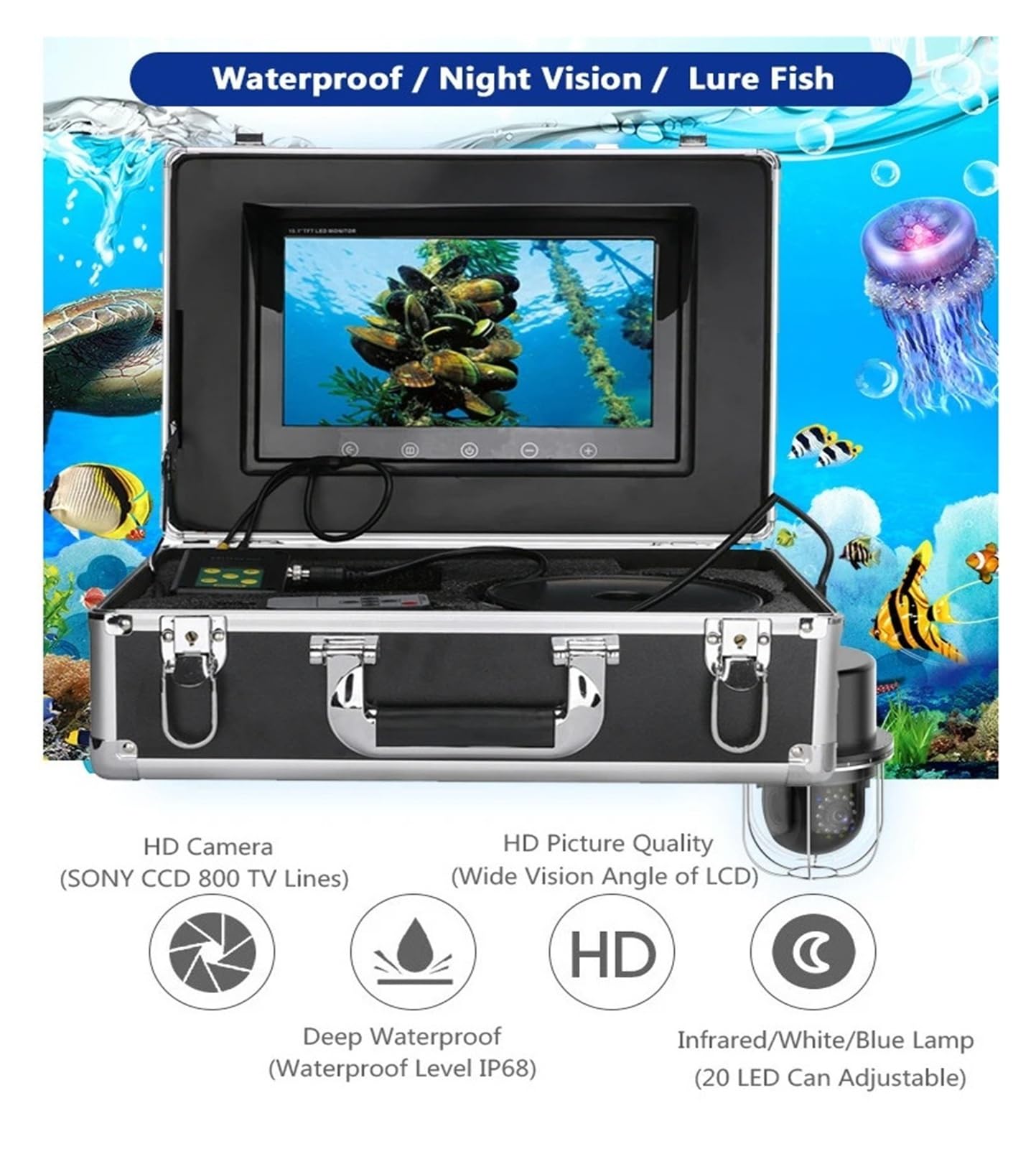 Cámara de pesca submarina de 10 pulgadas, buscador de peces, IP68, resistente al agua, 20 LED, cámara panorámica giratoria de 360 ​​grados, 20 m/50 m/100 m Vista clara(20M)