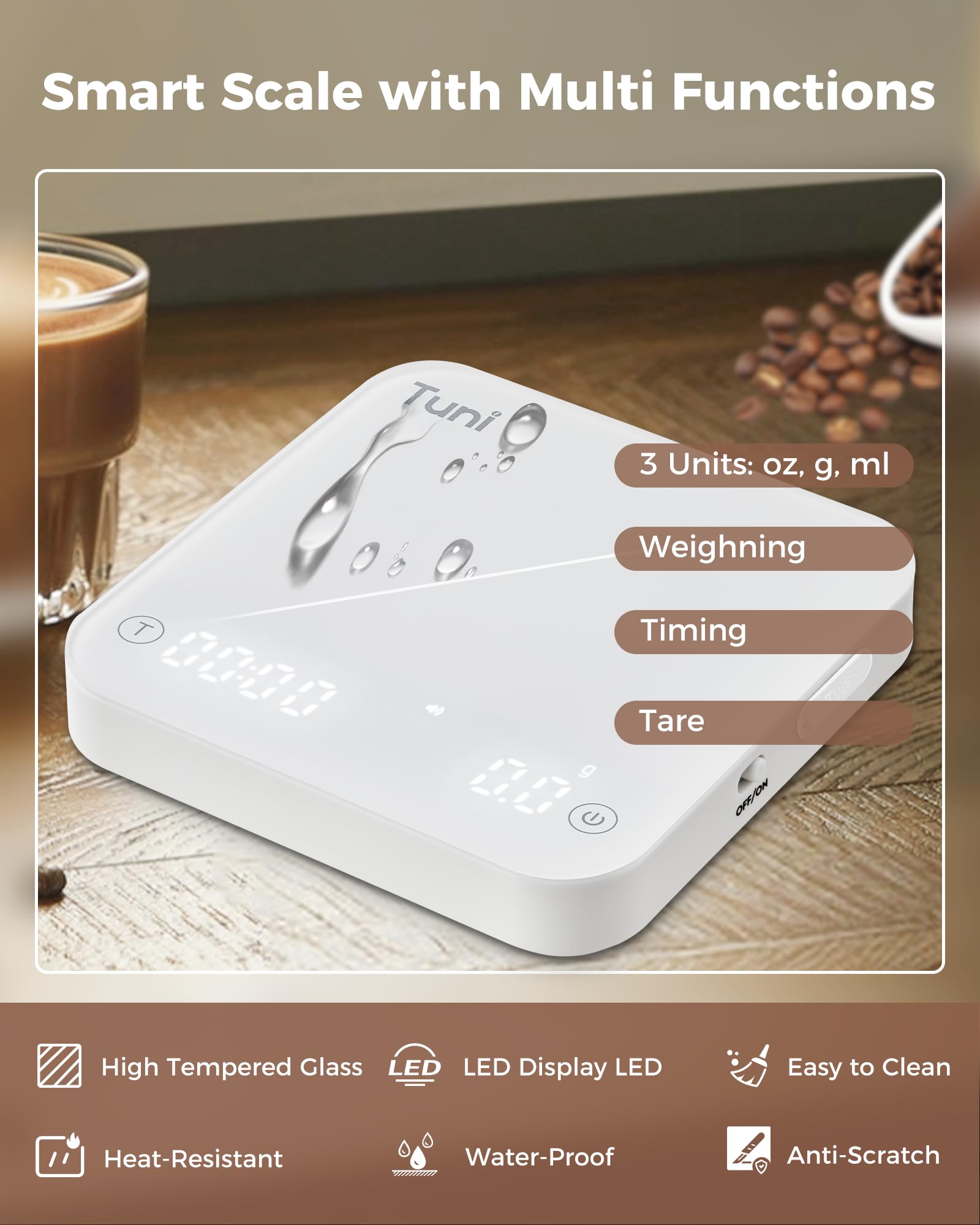 Tuni Báscula de café con sincronización automática, báscula digital recargable para expreso, escala precisa de 2 kg/0,1 g para café expreso y café vertido, medidas en g/oz/ml, relación polvo/agua,