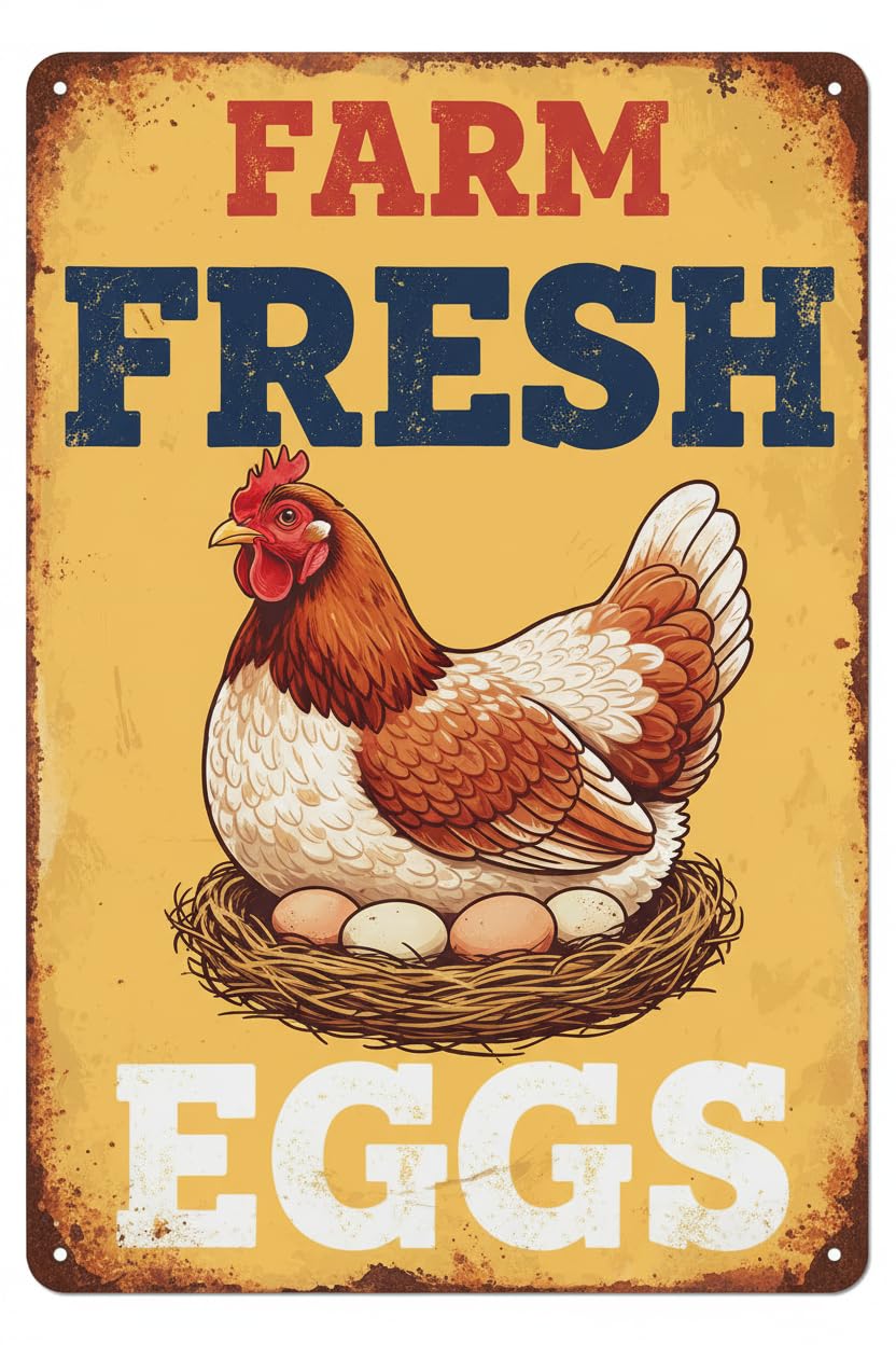 Vintage Farm Fresh Eggs Metal Tin Sign Chicken Coop Decor Rooster Country Kitchen Rustic Barn Wall Art Funny Poultry Sign 12 * 8inch