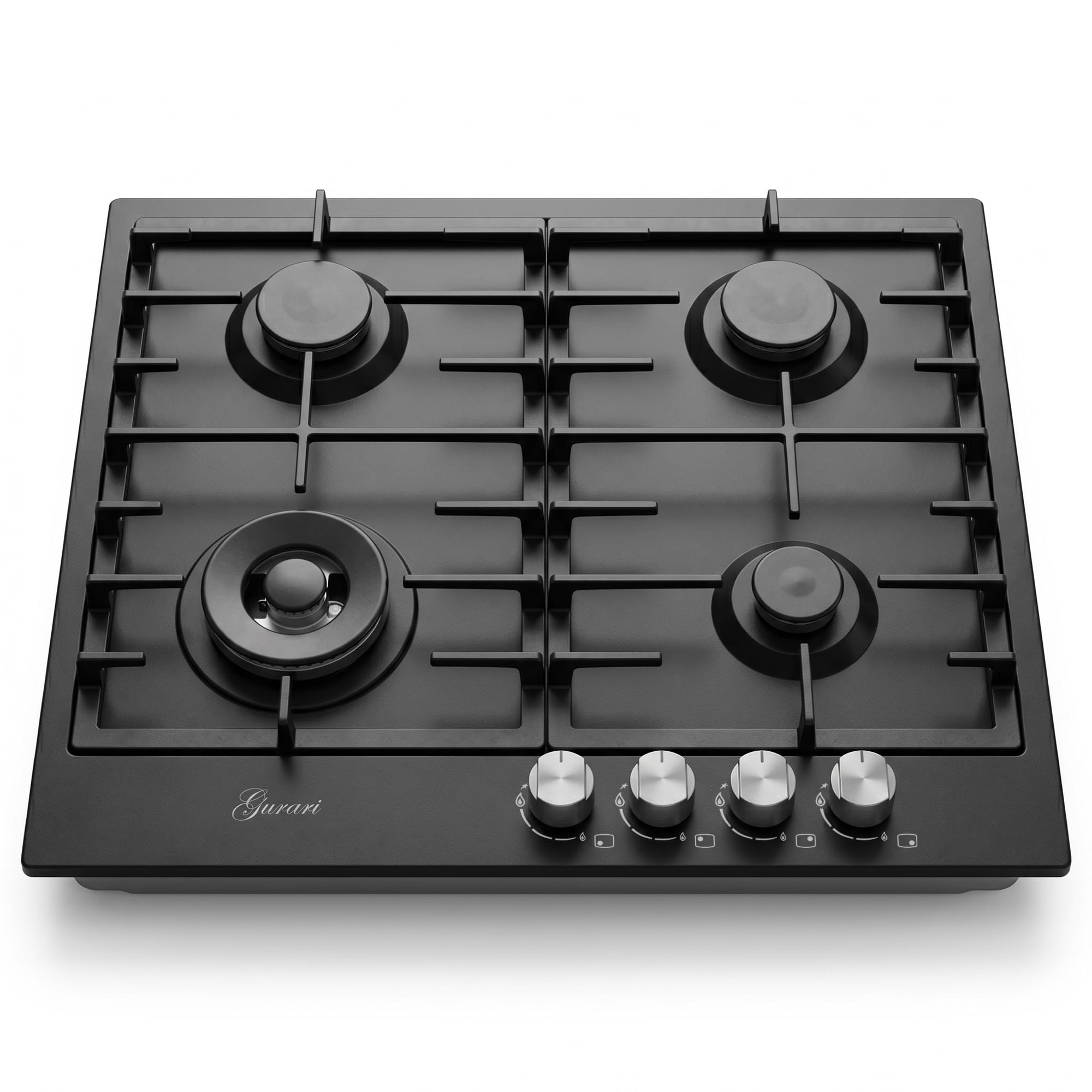 Gurari Gaskochfeld 60 cm GCH FB 604 BL • Autarkes Gas Kochfeld Schwarz • 4 Gasbrenner mit 4,0 kW WOK Brenner • Gusseisen Topfträger • Einbau Gaskochfeld • Erdgas & Propangas