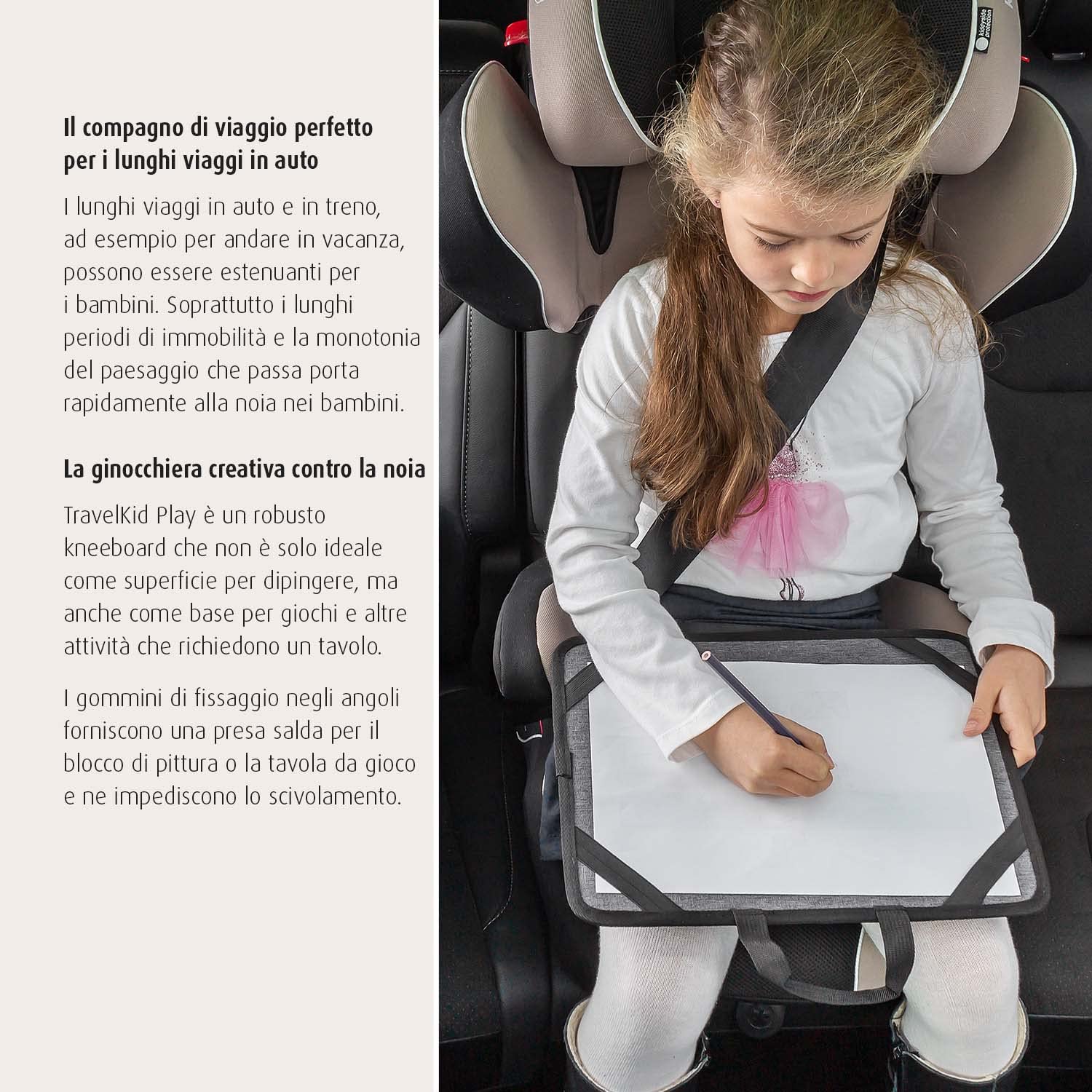 reer TravelKid Play - Kit per colorare per viaggi, leggero e stabile, con tasche pratiche, impermeabile, antimacchia, grigio