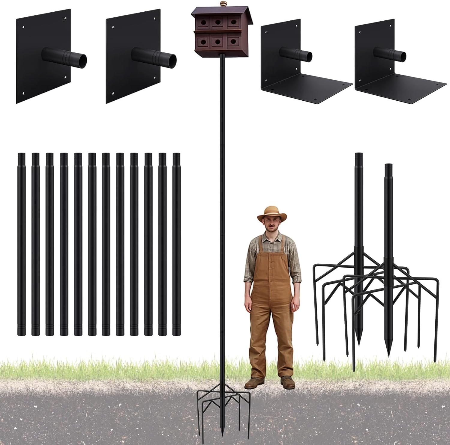 2 Pack 12ft Telescoping Bat House Purple Martin House Pole - Supports 5kg, Anti-Oxidation Steel with Heavy Duty 5-Claw Base & 2 Mounting Platforms, Outdoor Use