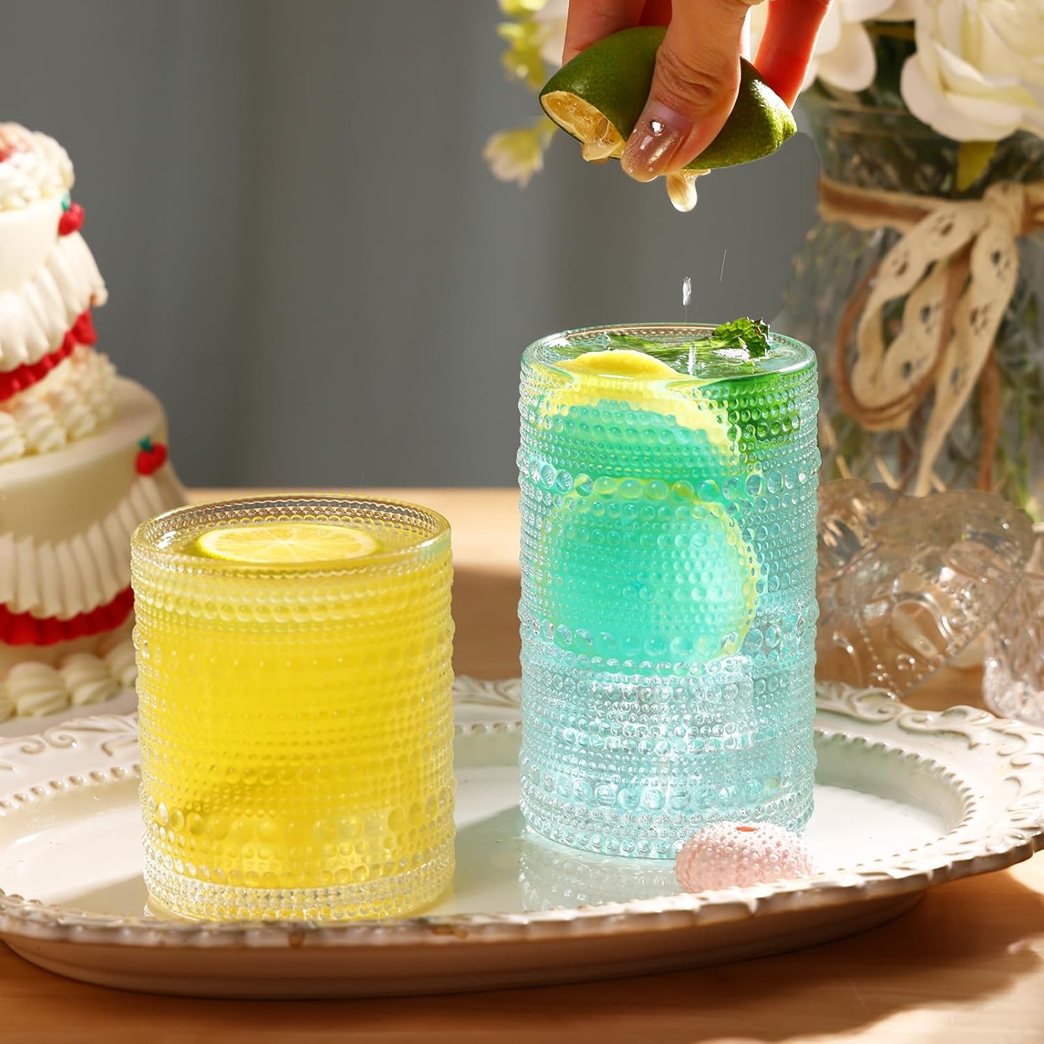 Moretoes Hobnail Drinking Glasses Set of 16, 12 Oz Highball Glasses & 10 Oz Cocktail Glasses, Clear Embossed Boho Glass Cups Kitchen Bar Tumbler Glassware Set for Whiskey, Beer, Juice, Milk (Clear)