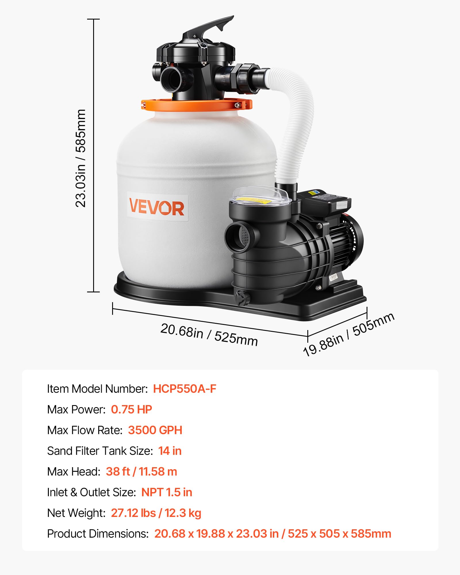 VEVOR FlashPure Sand Filter Pump, 14 in for Above Ground Pool, 0.75 HP 3500 GPH, Swimming Pool Filter System with Timer, 6X Faster Filtration, Media Installed, Leak-Resistant, Ready to Use Out of Box — view 7