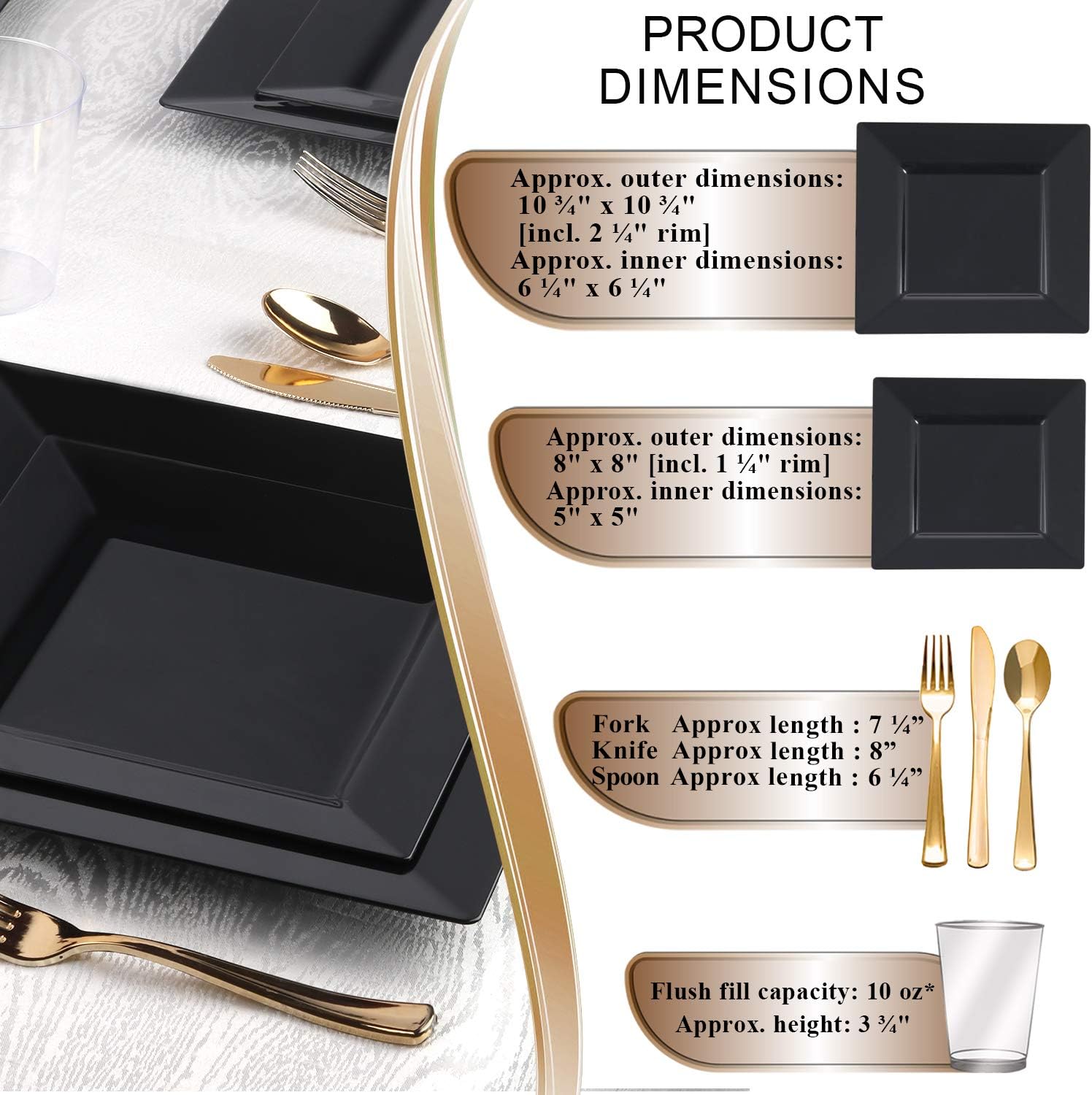 Kaya Collection - Square Black Disposable Plastic Dinnerware Party Package - Includes Dinner Plates, Salad/Dessert Plates, Gold Cutlery, Tumblers (120 Person Package)