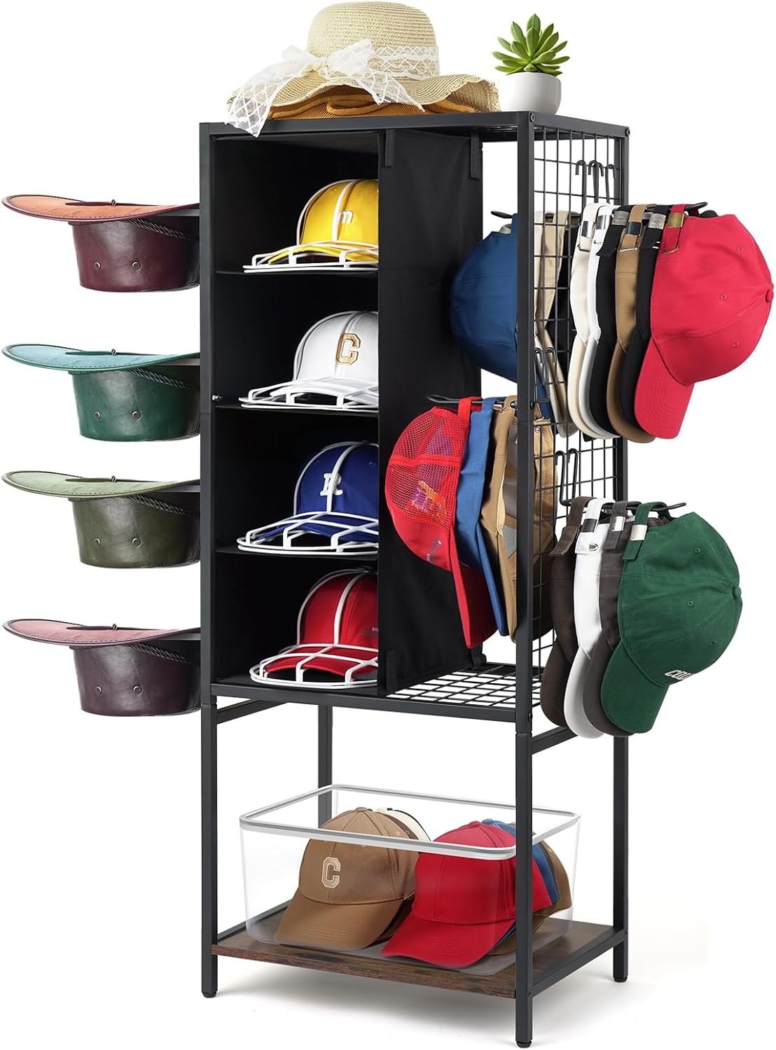 Meangood Hat Holder Stand, 5 Tier Big Capacity Hat Organzier Display Rack with Deep Pockets Remove Hooks for Storage Baseball, Cowboy, Caps Boxes, Western Rustic Brown