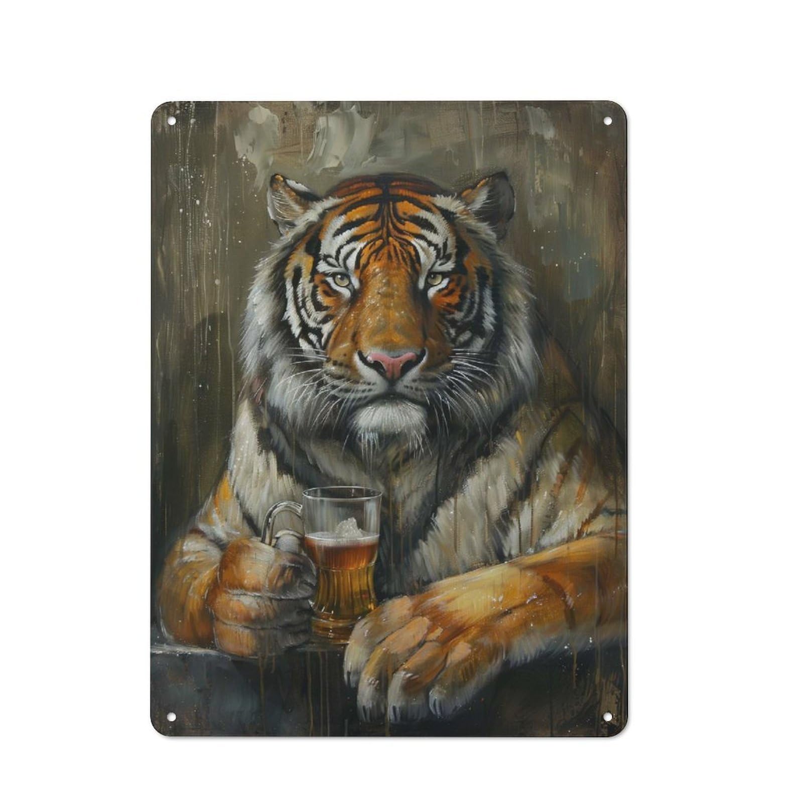 Junmoney Style-24 Beer Drinking Tiger Rustic Tin Sign 40X30cm For Lounge Or Reading Corner, For Metal Sign Collectors, For Cafés, Pubs And Restaurants