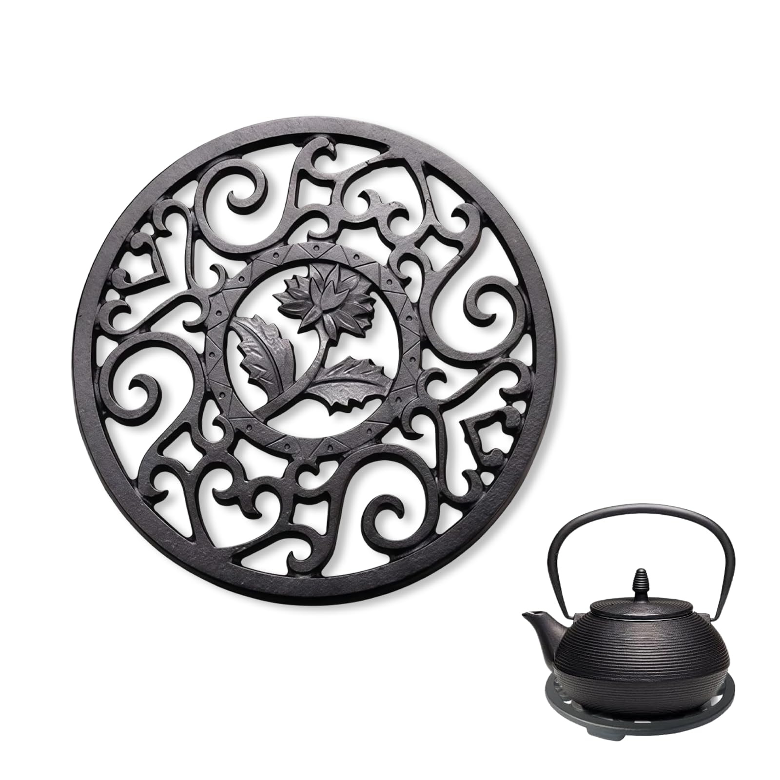 fKiZanthene Cast Iron Trivet Round Teapot Stand 11.5 cm for Kitchen Table and Dining Use