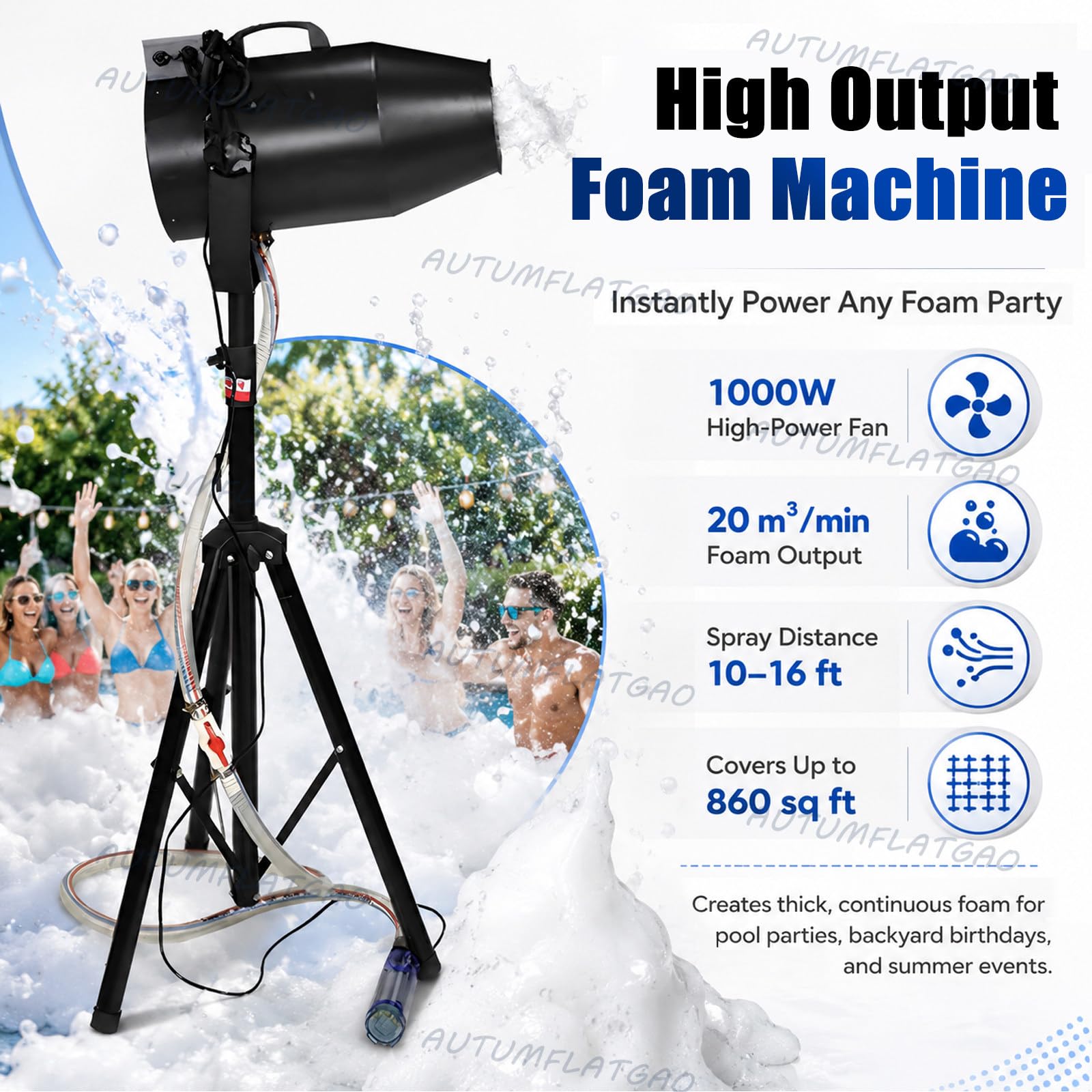 Macchina Schiuma Party 1000w, 20m³/Min Cannone per Schiuma con Angolo di Spruzzo Regolabile, Macchina per Schiuma per Piscina, Giardino, Compleanni E Feste D’Acqua, Facile da Installare