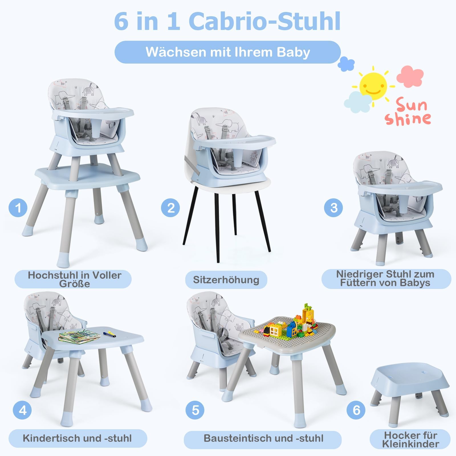 FANTASK Seggiolone 6 in 1 con cintura di sicurezza e vassoio rimovibile, tavolo da costruzione e seggiolone, tavolo educativo e sedia combinata, seggiolone (blu)