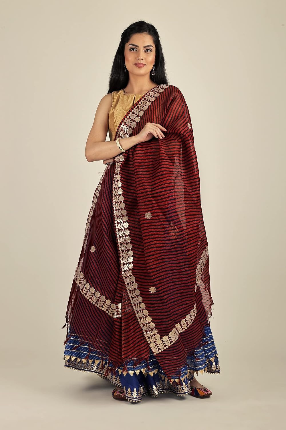 Exotic India Leheria Kota Doria Dupatta from Jodhpur with Gota Border - Cotton