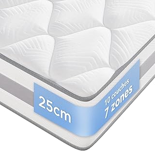 Matelas140x190 cm, 10 Couches, Matelas à Ressorts ensachés, Hauteur de 25 cm, Soutien en 7 Zones, Design Ergonomique,Durable, réversible, fermeté Moyenne (H3/H4)