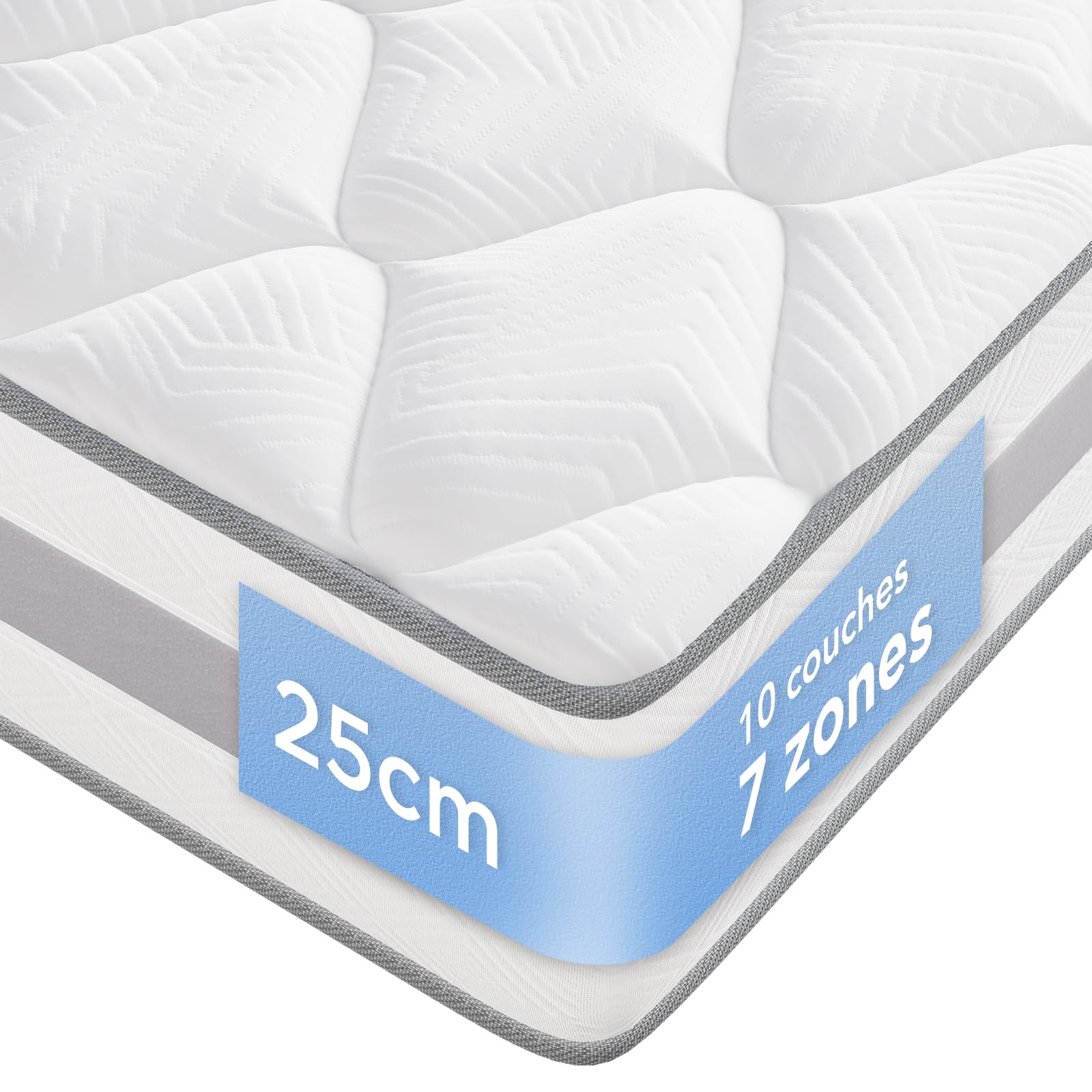 Matelas140x190 cm, 10 Couches, Matelas à Ressorts ensachés, Hauteur de 25 cm, Soutien en 7 Zones, Design Ergonomique,Durable, réversible, fermeté Moyenne (H3/H4)