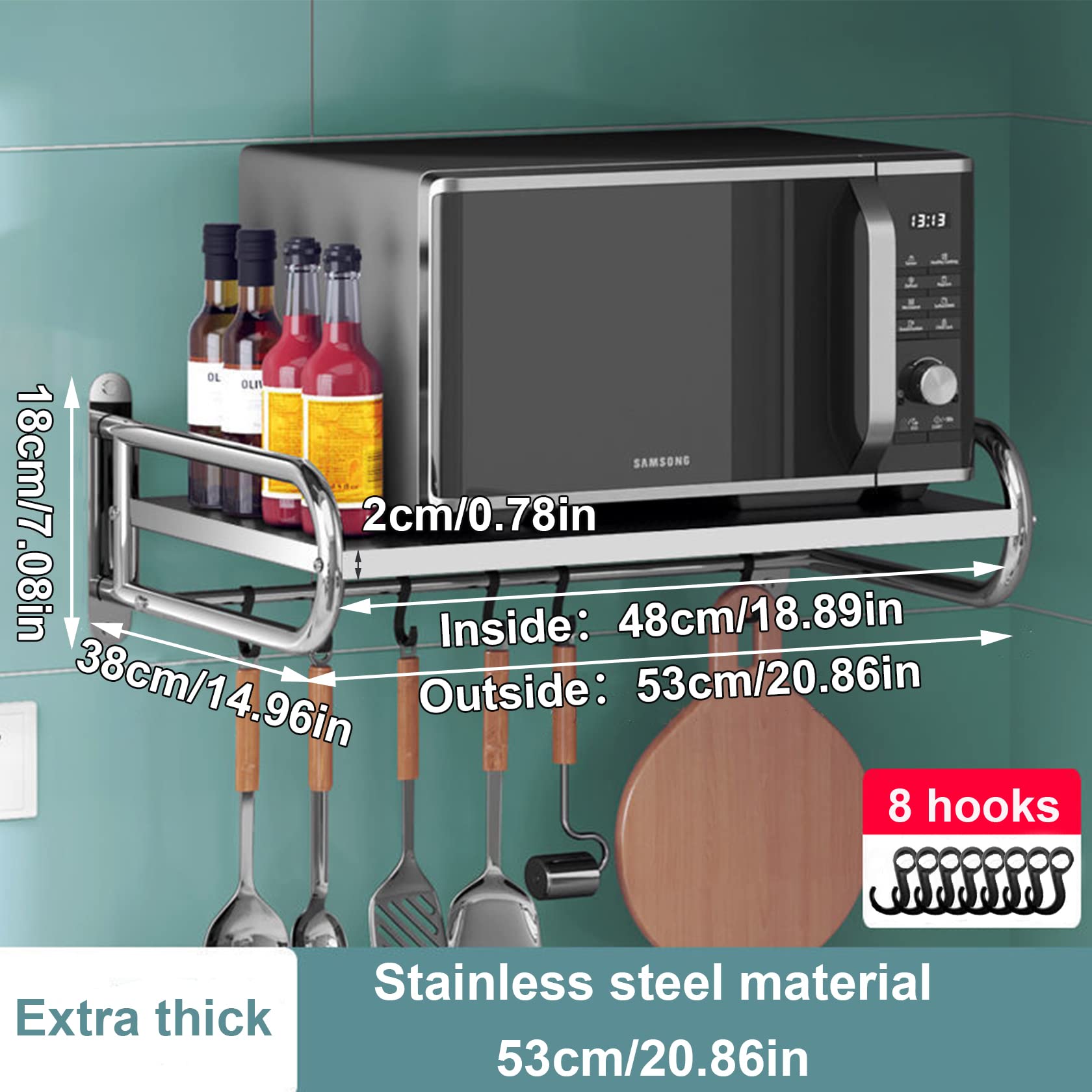 Magnetronrek, wandrek, magnetronhouder van roestvrij staal, wandhouder met 8 haken, magnetronhouder, hangend keukenrek, wandhangrek, magnetronrek voor barbecue, oven