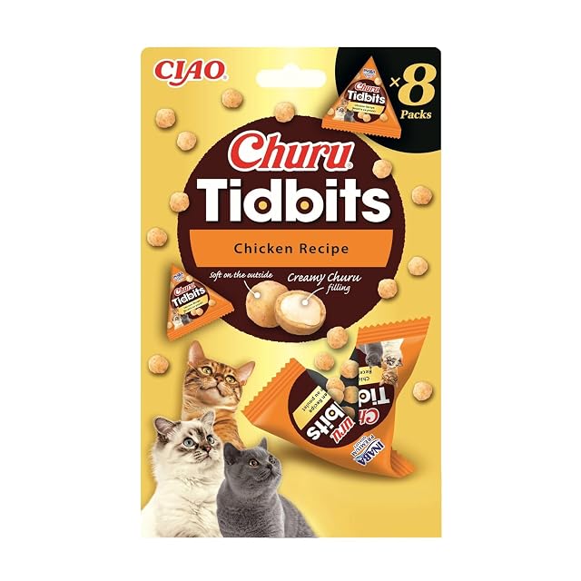INABA Churu Tidbits Gatos - Receta Saludable de Pollo - Snack Tierno con Relleno Cremoso