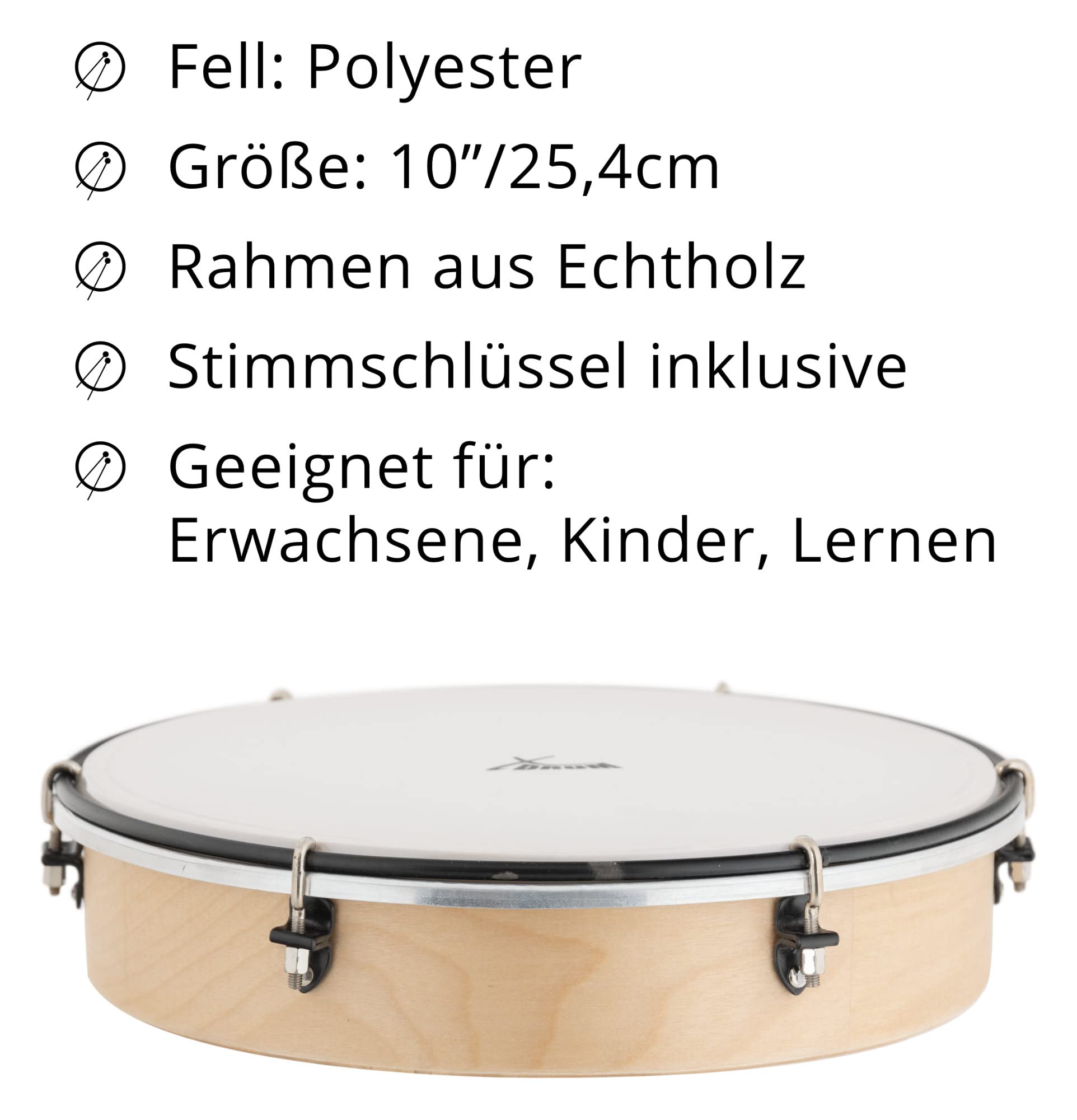 XDrum HTM-12K Tambor De Mano Con Baquetas Set De 3, Diámetro: 12" (30 | 5 cm), Piel resistente de poliéster, Marco de madera de arce, 6 tensores para afinar el tambor, Mango ergonómico, 8 cm