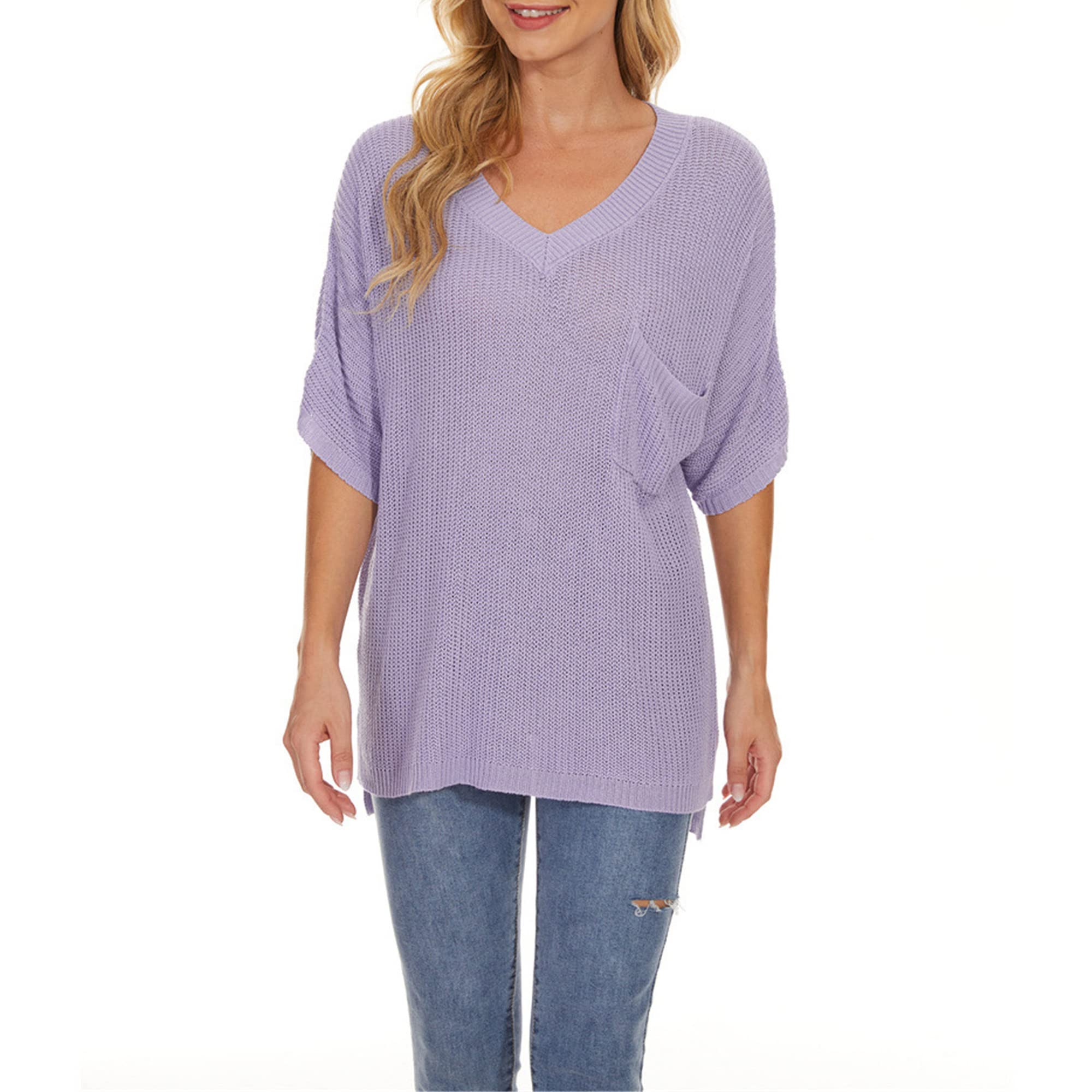 Women's V Neck Short Sleeve Tee Split Hem Waffle Knit Blouse Tops Casual Loose Summer Basic T Shirt (Medium,Purple)